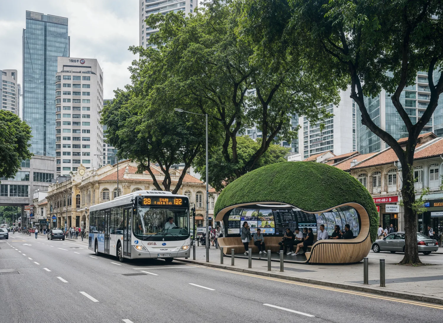 A white bus approaches a modern bus stop with a grass-covered roof and wooden seating. Several people are seated inside. Tall buildings and trees line the city street.