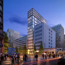 Overview image of the building with exterior and lighting designs.