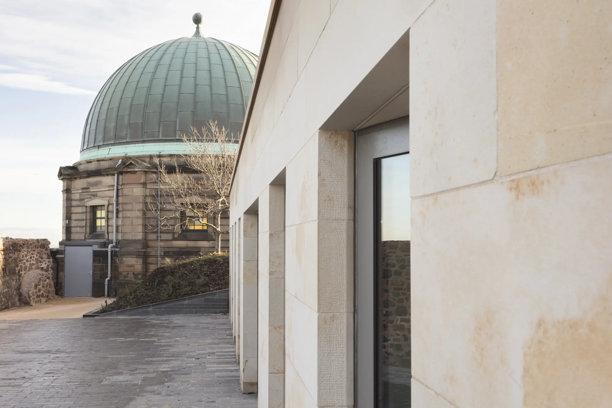 Blue dome on the observatory building with new wall and windows in front