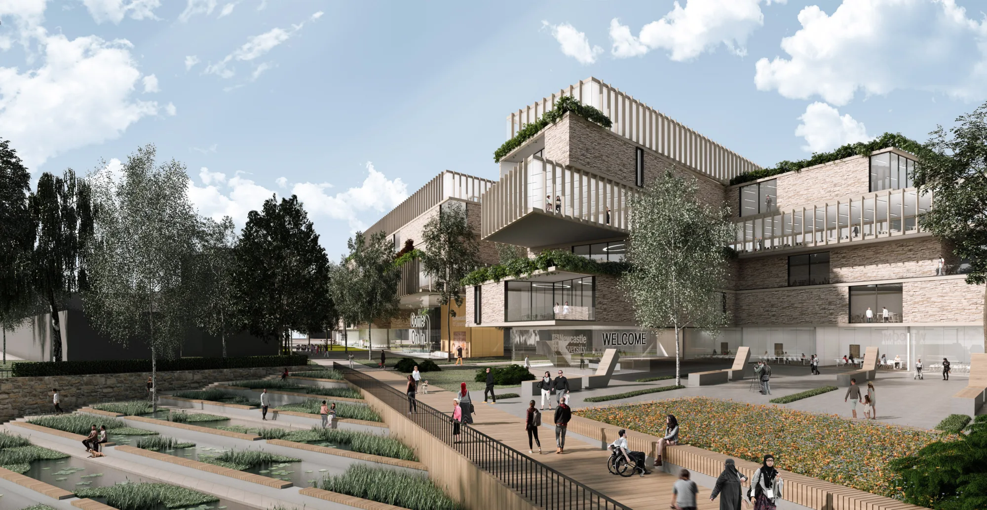 CGI showing one of the buildings on the CAV site with people enjoying a terraced water garden