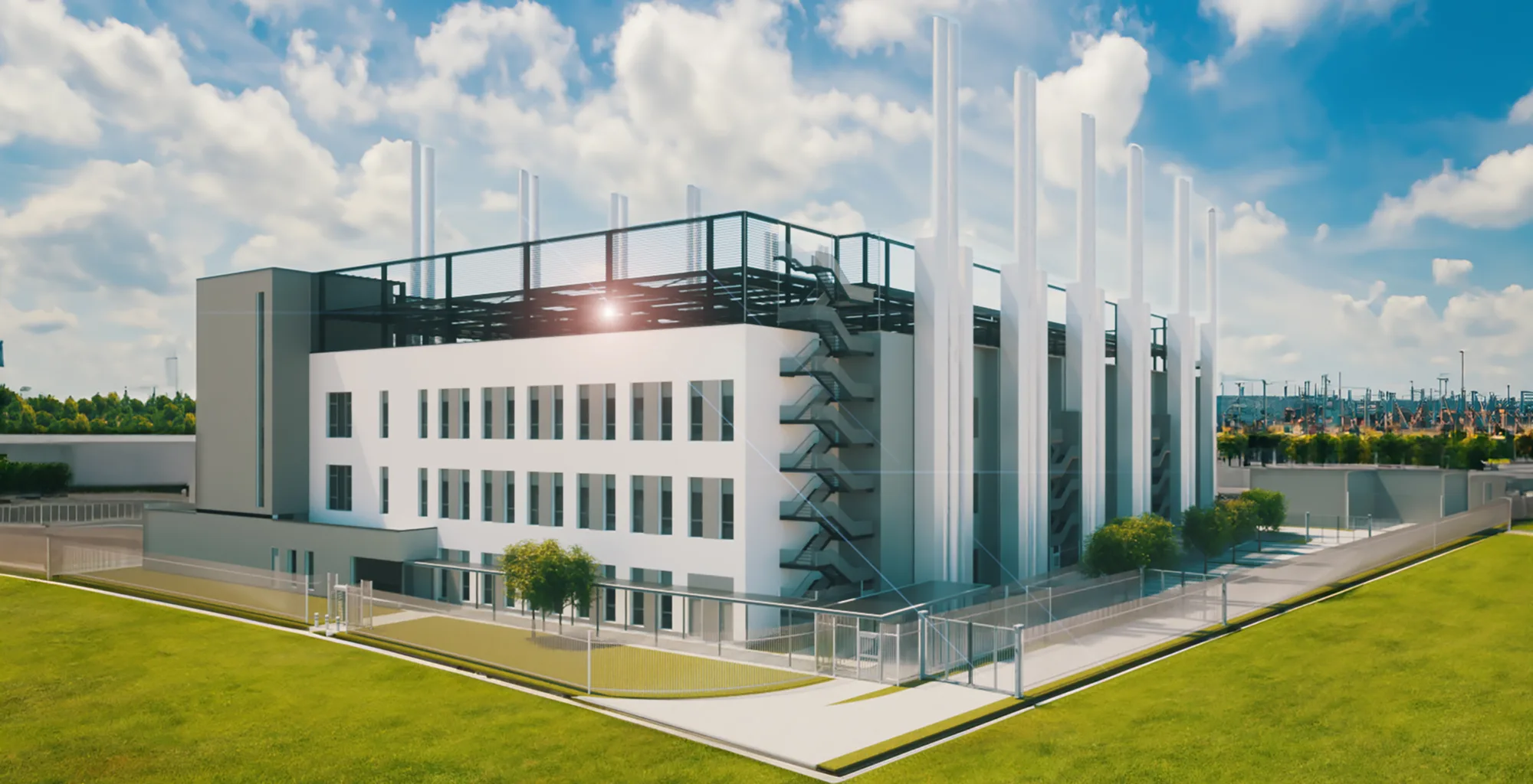 CGI Pespective of side of building against blue cloudy sky with grass in foreground