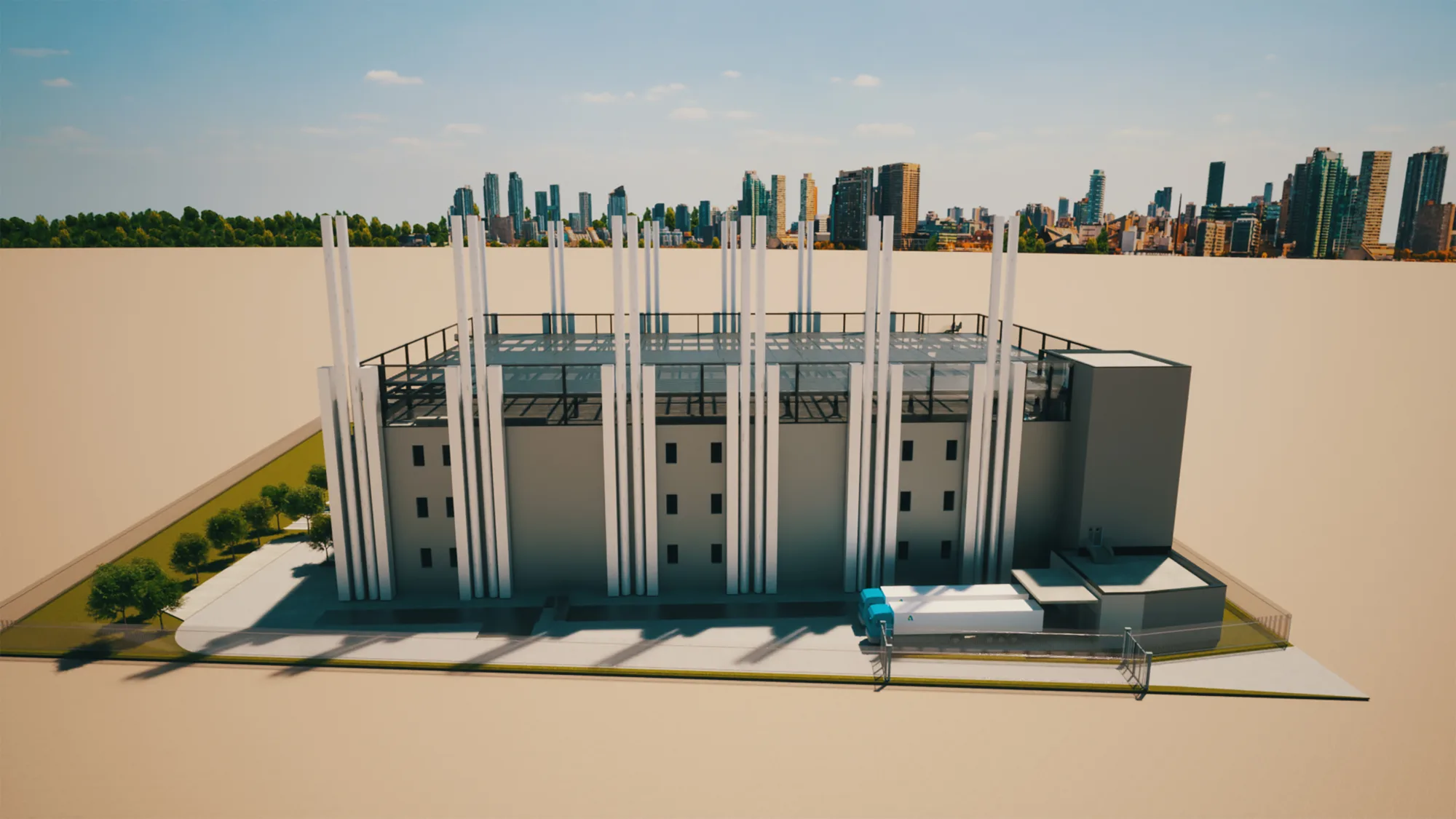 CGI of alternative view of building sandy foreground and skyscrapers in background