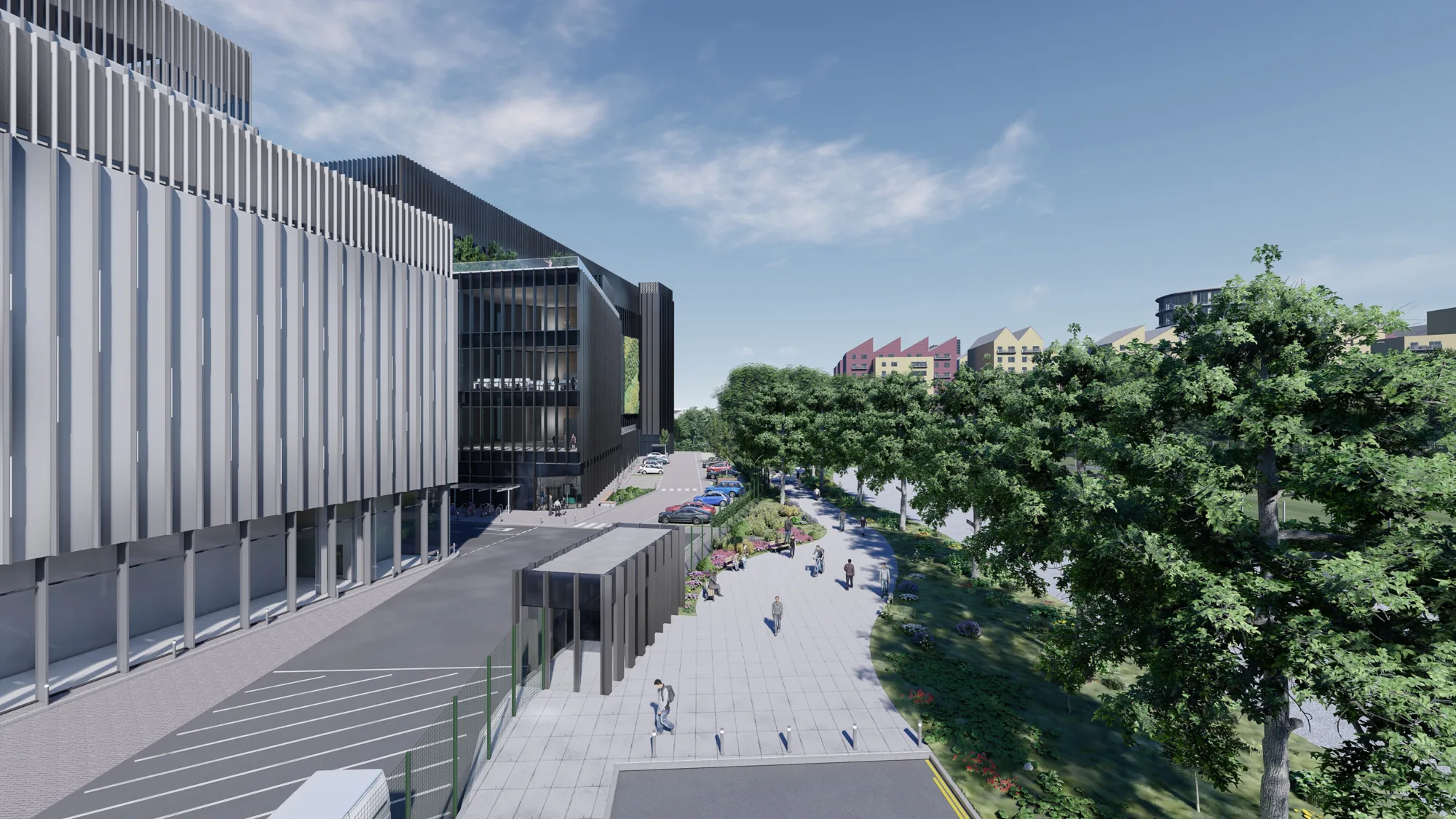 CGI of pedestrian courtyard area of building, trees in forground people walking around