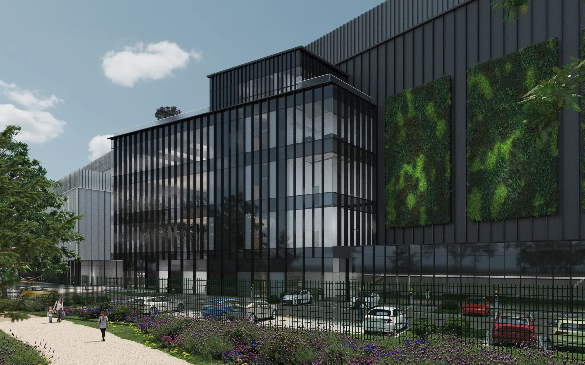 CGI of rear of building showing car park and greenery