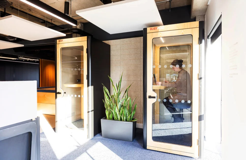 Office space with two wooden phone booths featuring glass doors; one booth occupied by a person using a laptop. A large green plant in a black planter sits between booths. The word “BUSY” is visible on the door.