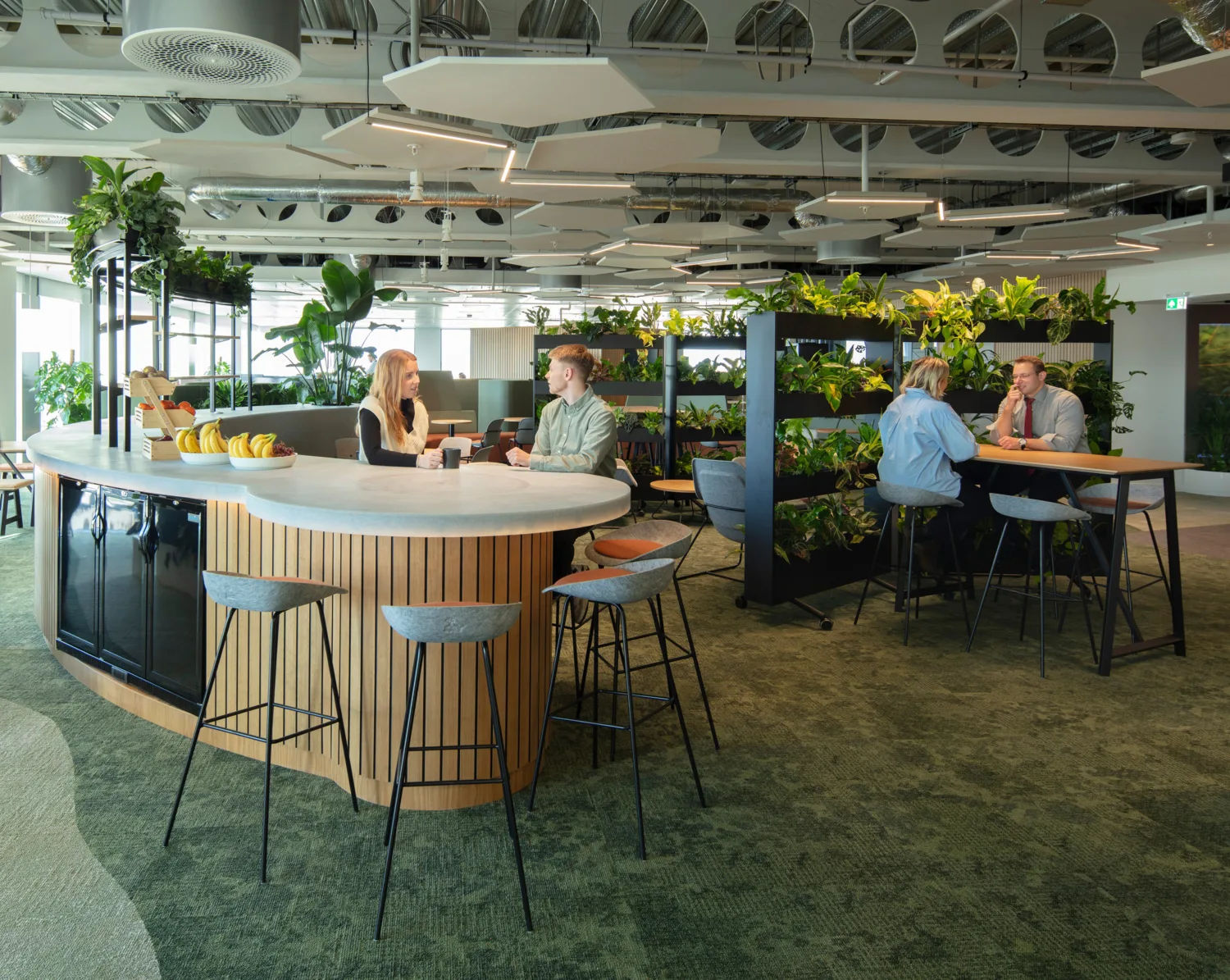 Modern office space with two seating areas: a curved counter with four high stools and fruit bowls, and a rectangular table with four chairs. Green plants fill shelves behind the seating.