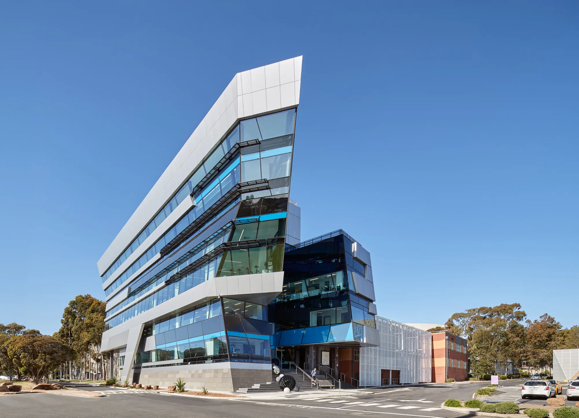 Side external view of building against blue sky