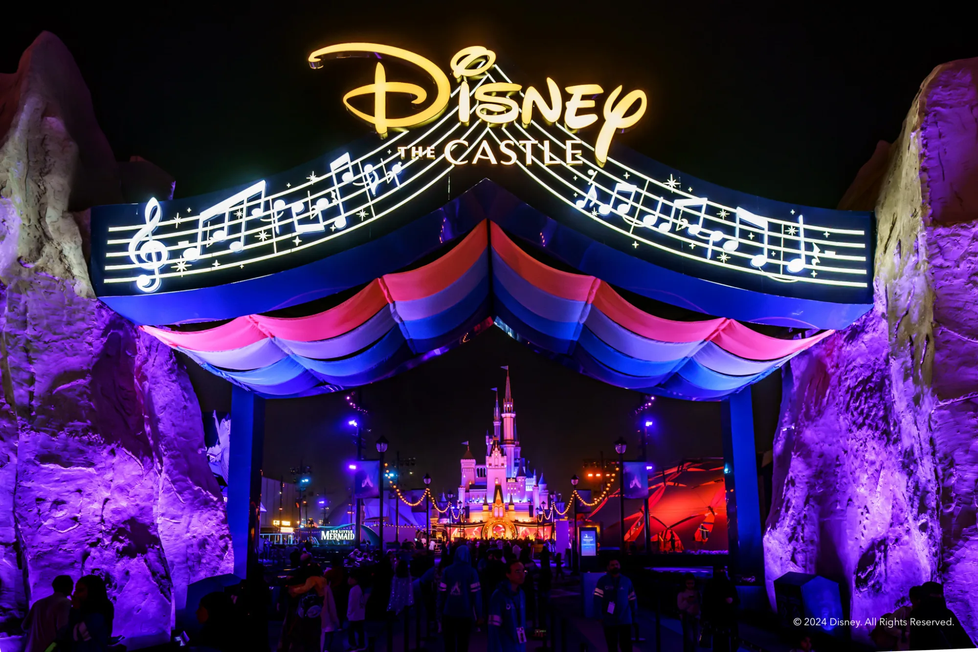Disney the Castle with rainbow lighting at night