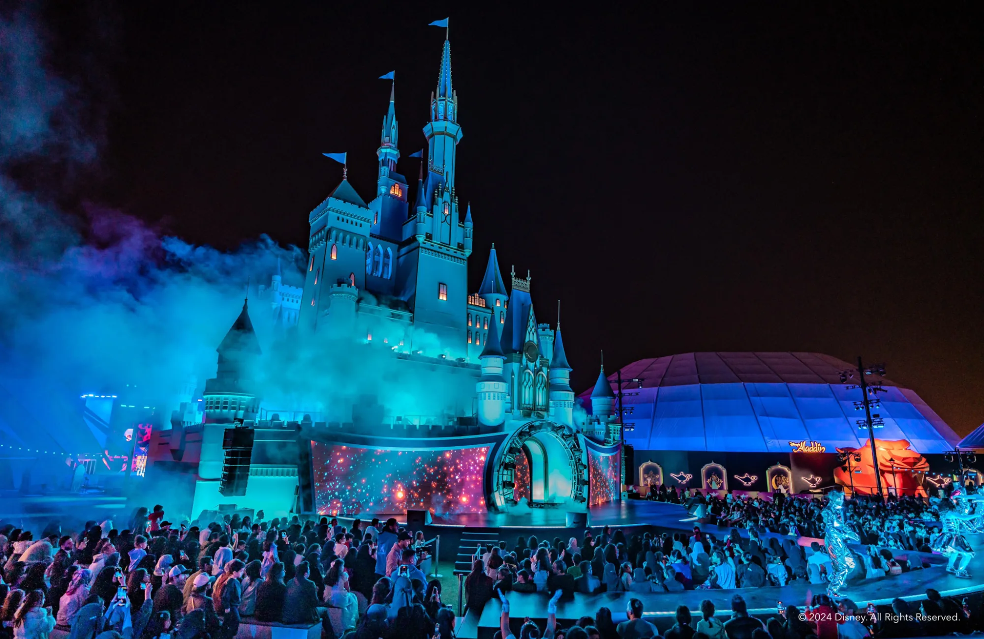 Disney Castle at night in with blue lighting and a show