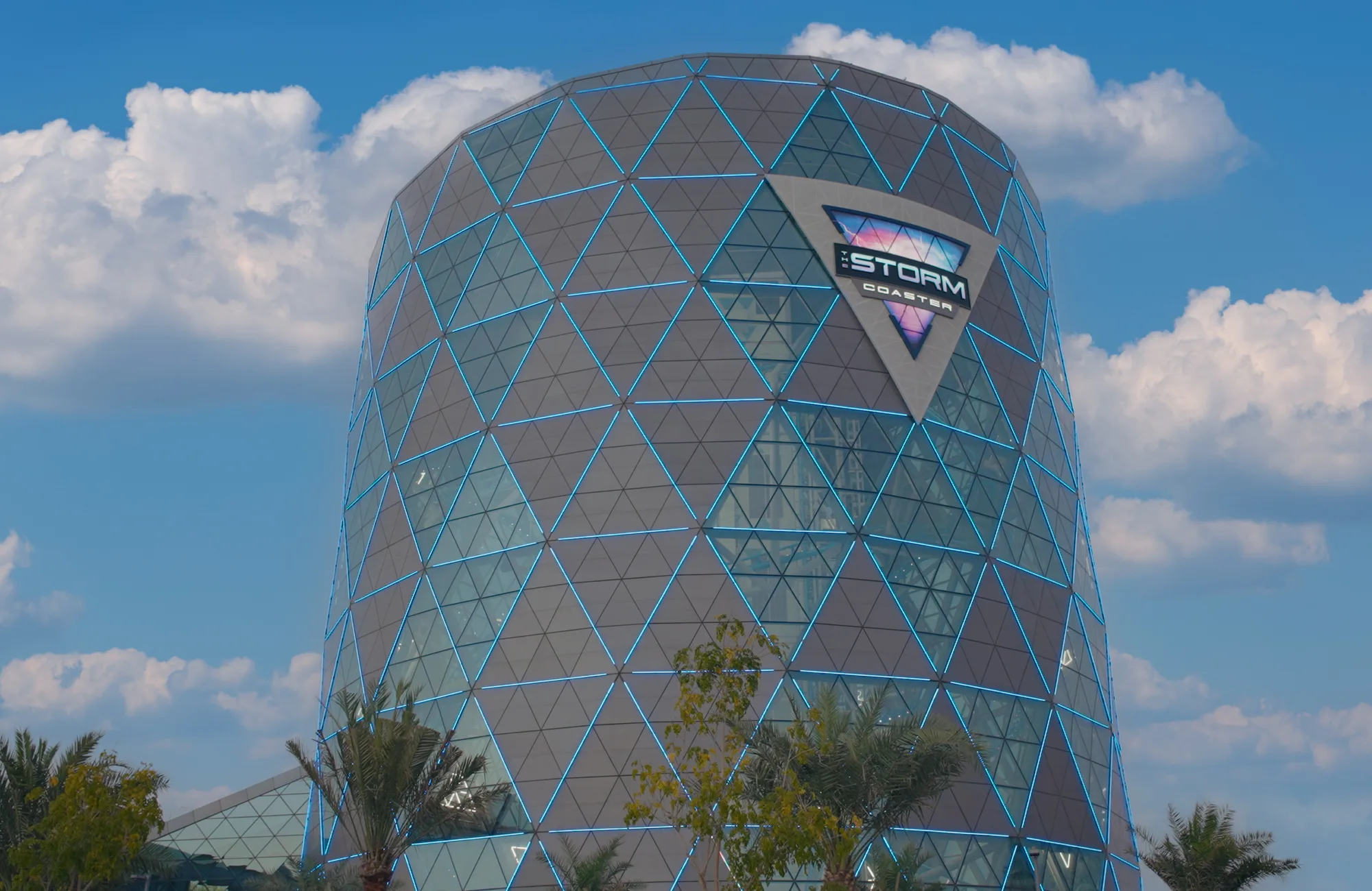 The Storm - Dubai Hills indoor coaster's outside view of the building at sunset