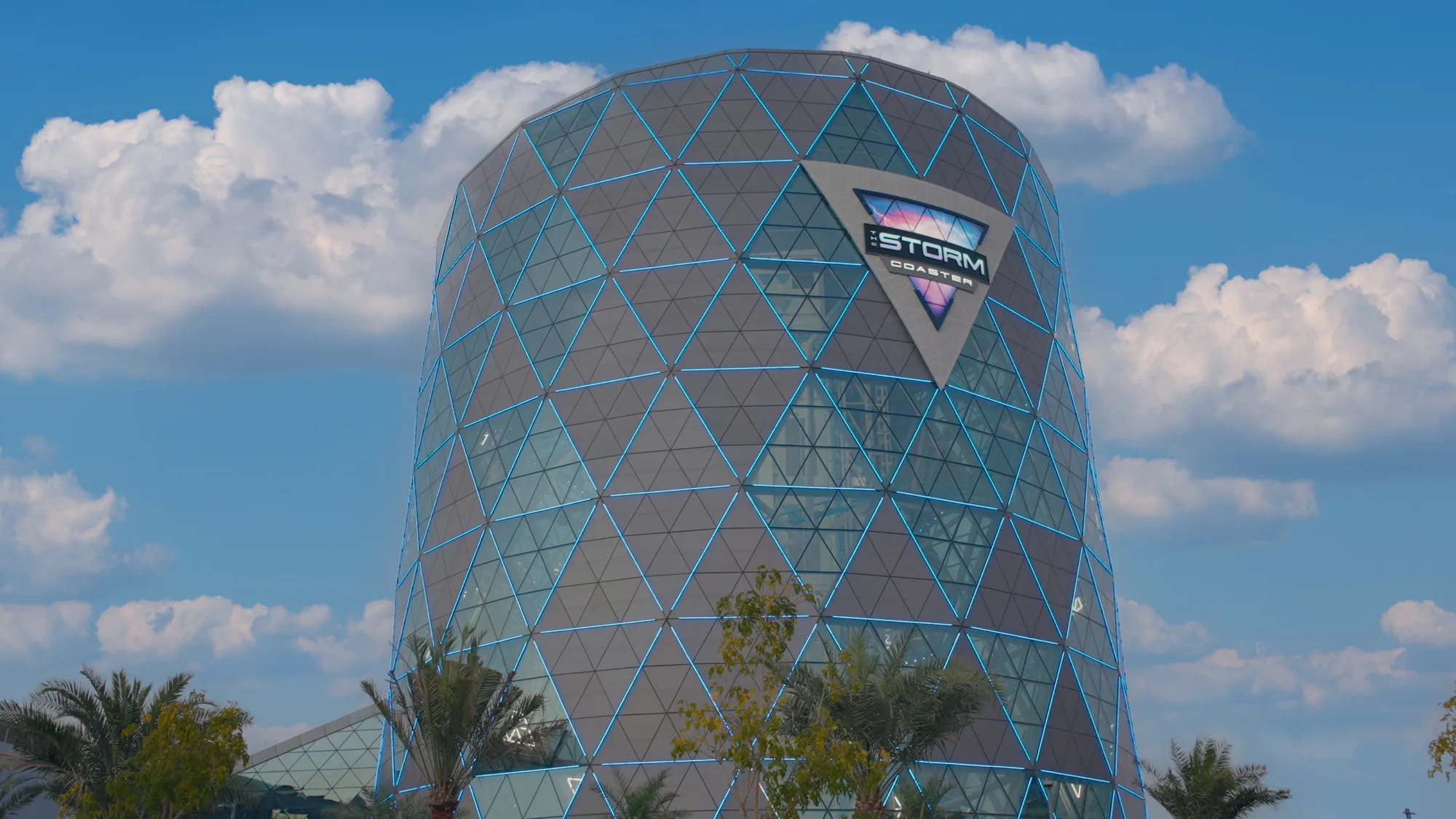 The Storm - Dubai Hills indoor coaster's outside view of the building at sunset