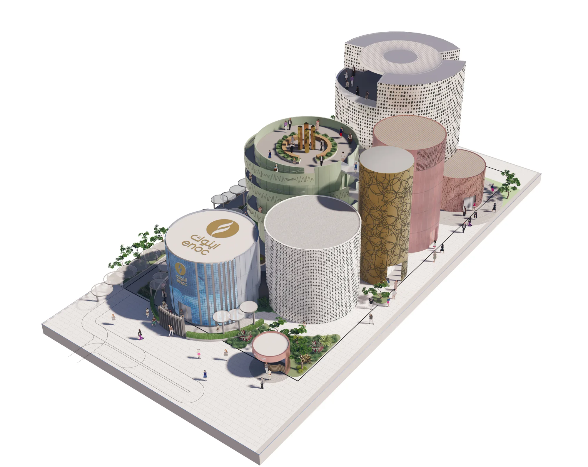 Computer graphic generated aerial view of the ENOC Pavillion at the EXPO 2020 in Dubai.