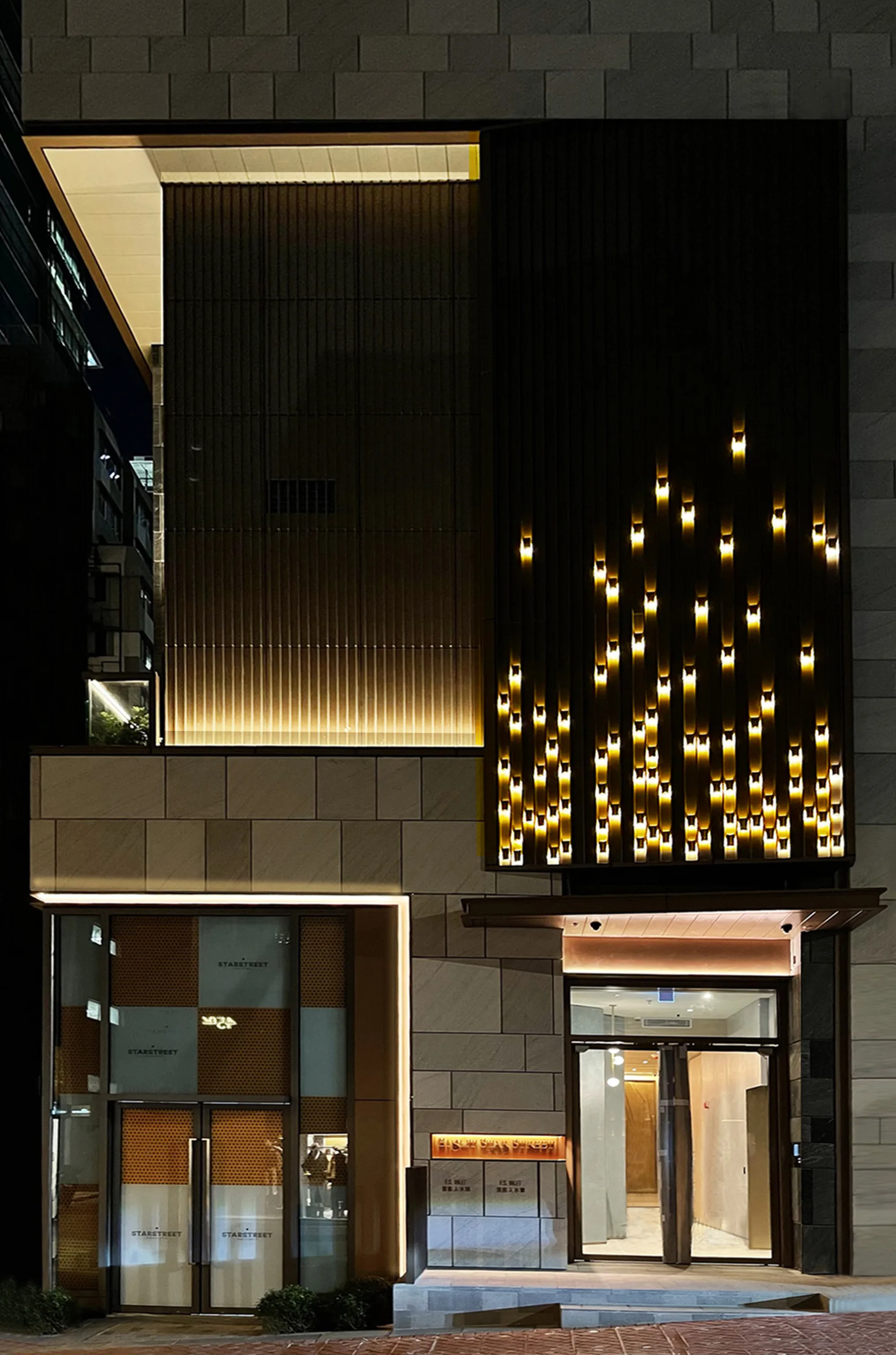 External view of building entrance featuring unique façade lighting designs.