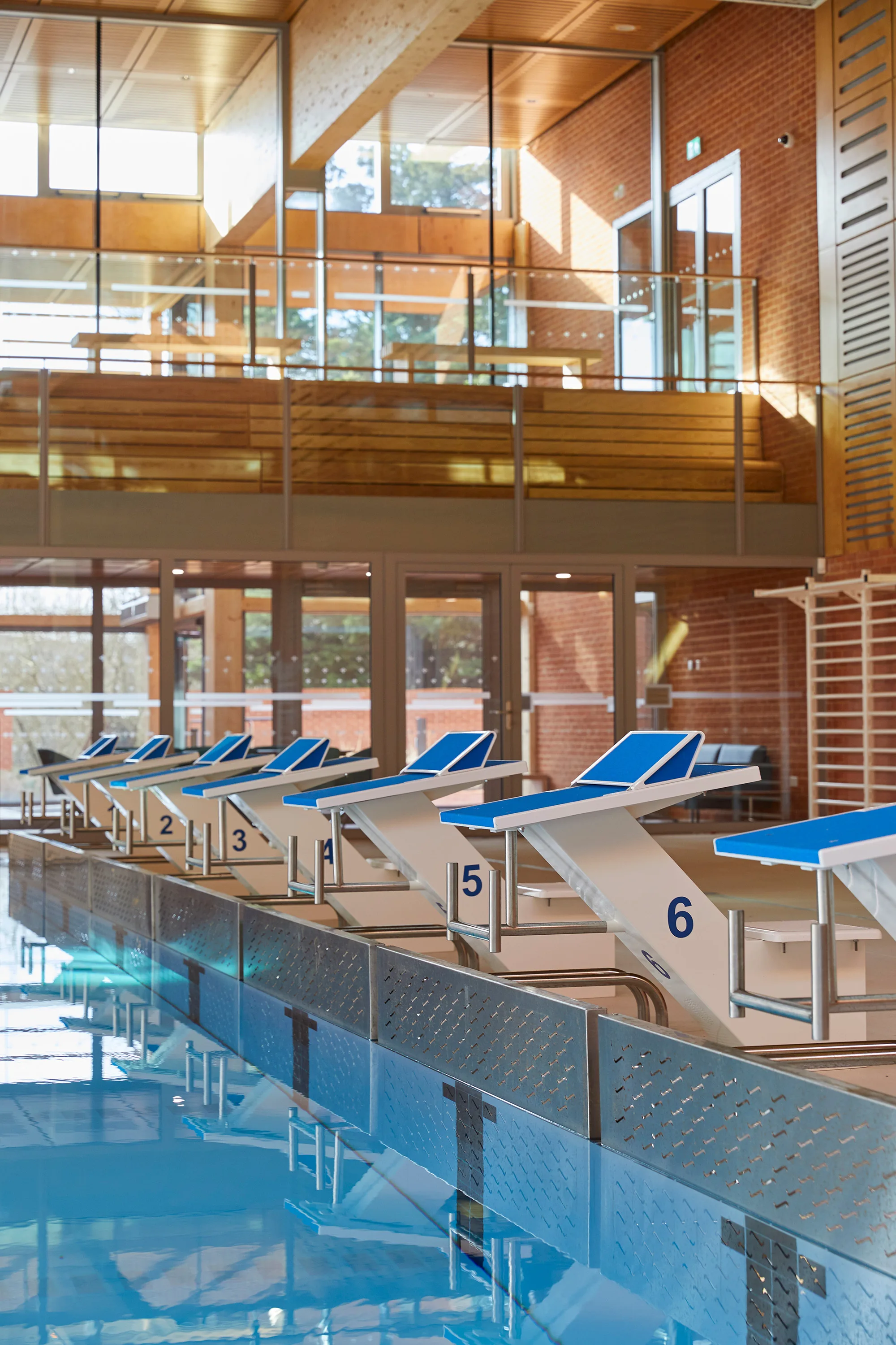 Close up of multiple diving boards at the edge of a swimming pool.