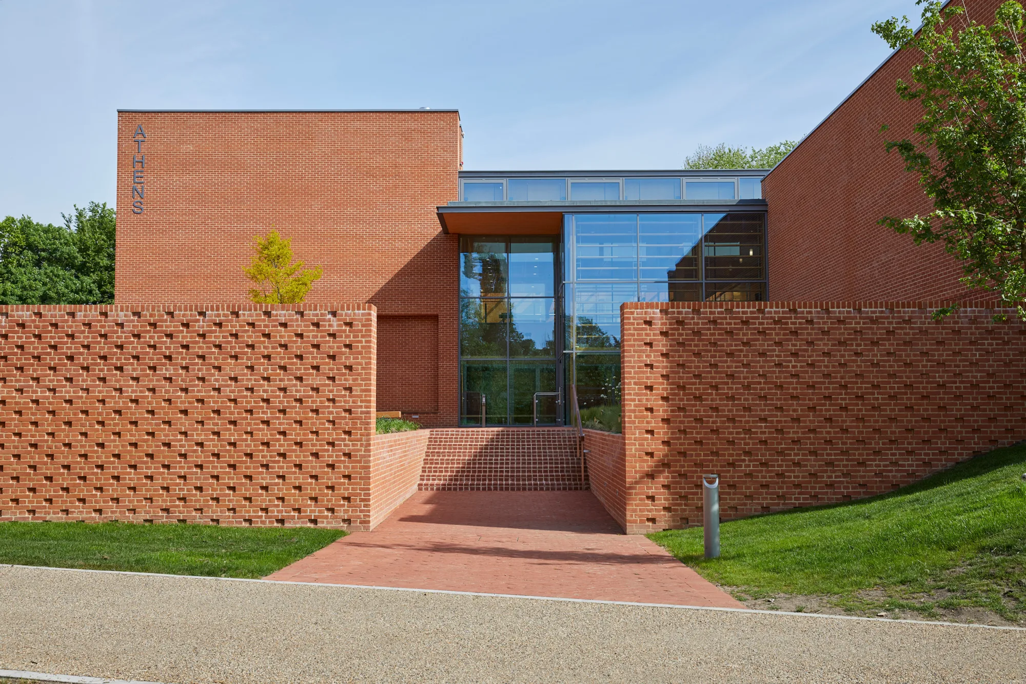 Outside brick façade of the front of the Sports and Aquatic Centre at Eton College.
