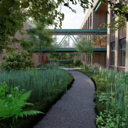 CGI image of a landscaped garden path winding between two buildings and under a glass bridge that joins the two buildings.