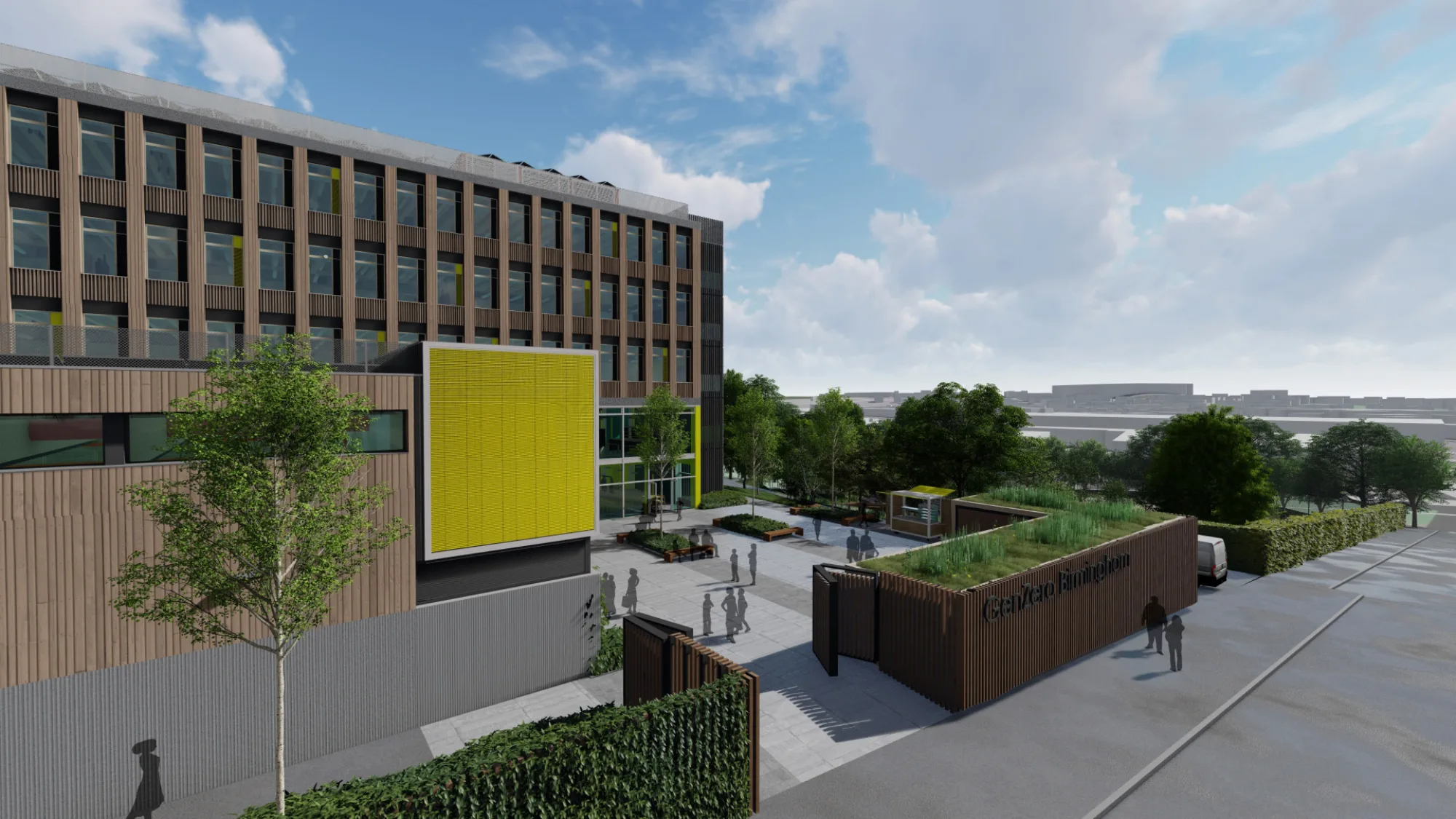 A CGI Image of a four-storey school building surrounded by landscaping in an urban environment.