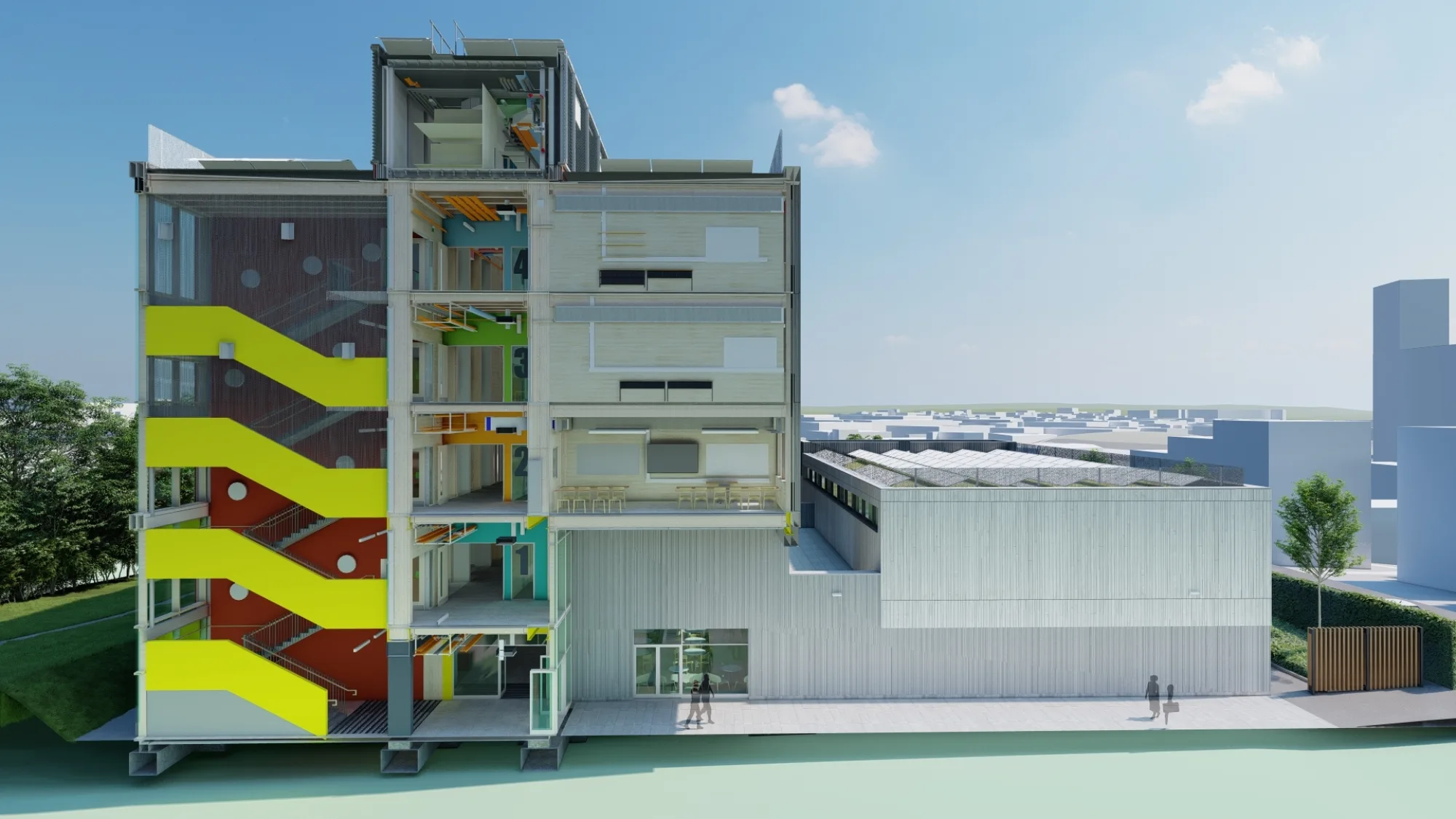 A CGI cross section of the four-storey GenZero Birmingham school. The staircases are bright yellow.