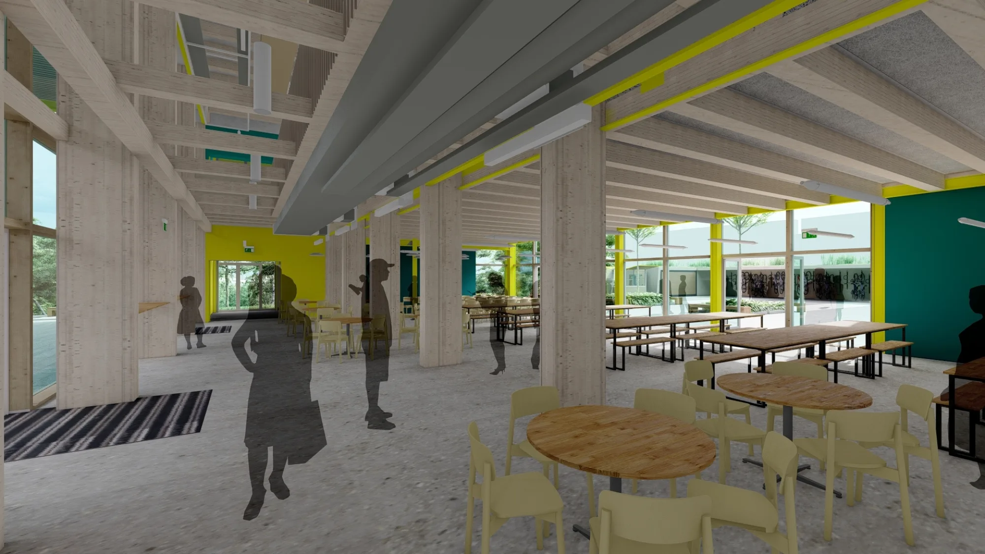 A CGI image of the cafeteria of the GenZero Birmingham School. CGI shadow people stand around the room.