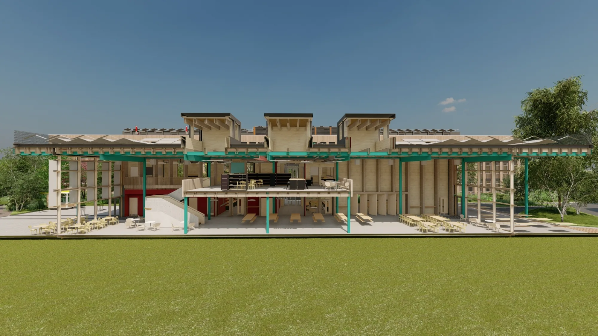 A CGI cross section of the GenZero Crawley school showing the cafeteria and classrooms.