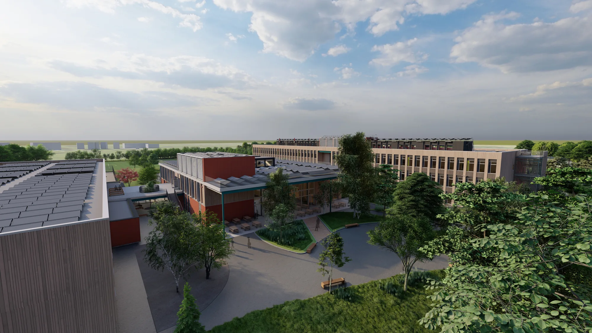 CGI exterior image of GenZero Crawley school showing lots of solar panels on the roof and landscaping surrounding everything.