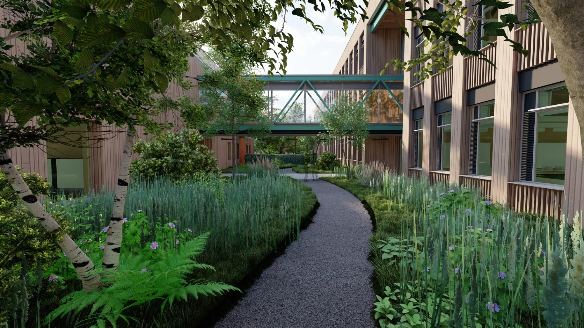 CGI image of a landscaped garden path winding between two buildings and under a glass bridge that joins the two buildings.