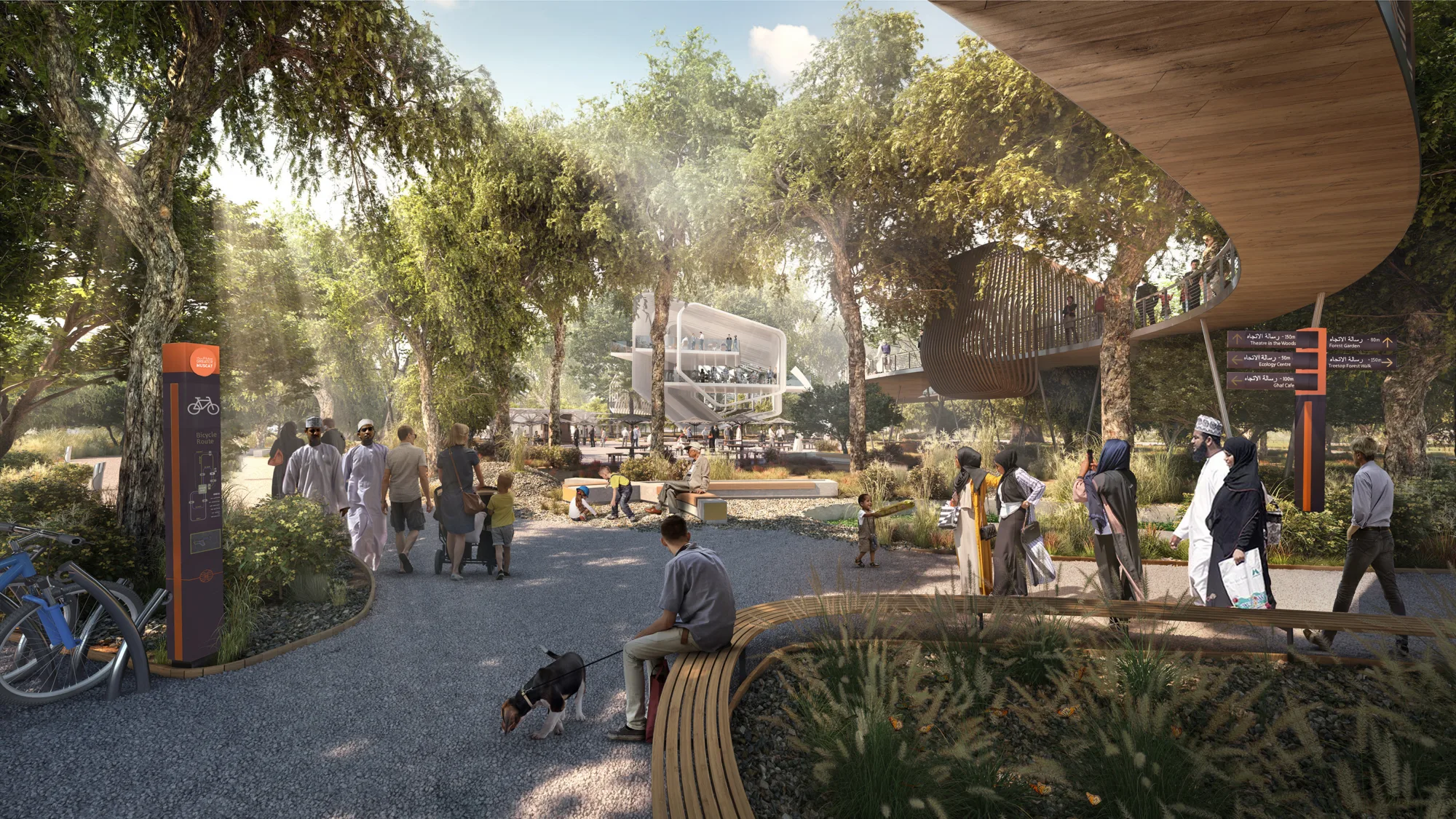 Park pathway with groups of people walking, sitting, and interacting among trees and planted areas. A raised wooden walkway curves overhead, and a modern multi‑level structure is visible in the background alongside directional signs and bicycles.