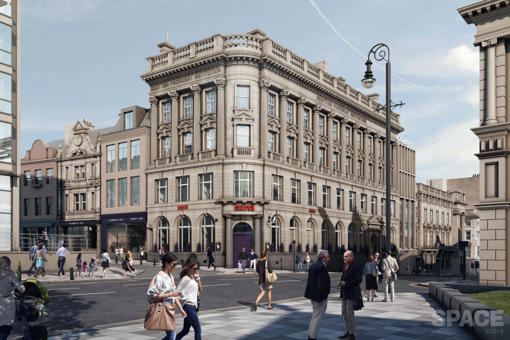 Rendered impression of the building exterior next to a street busy with pedestrians