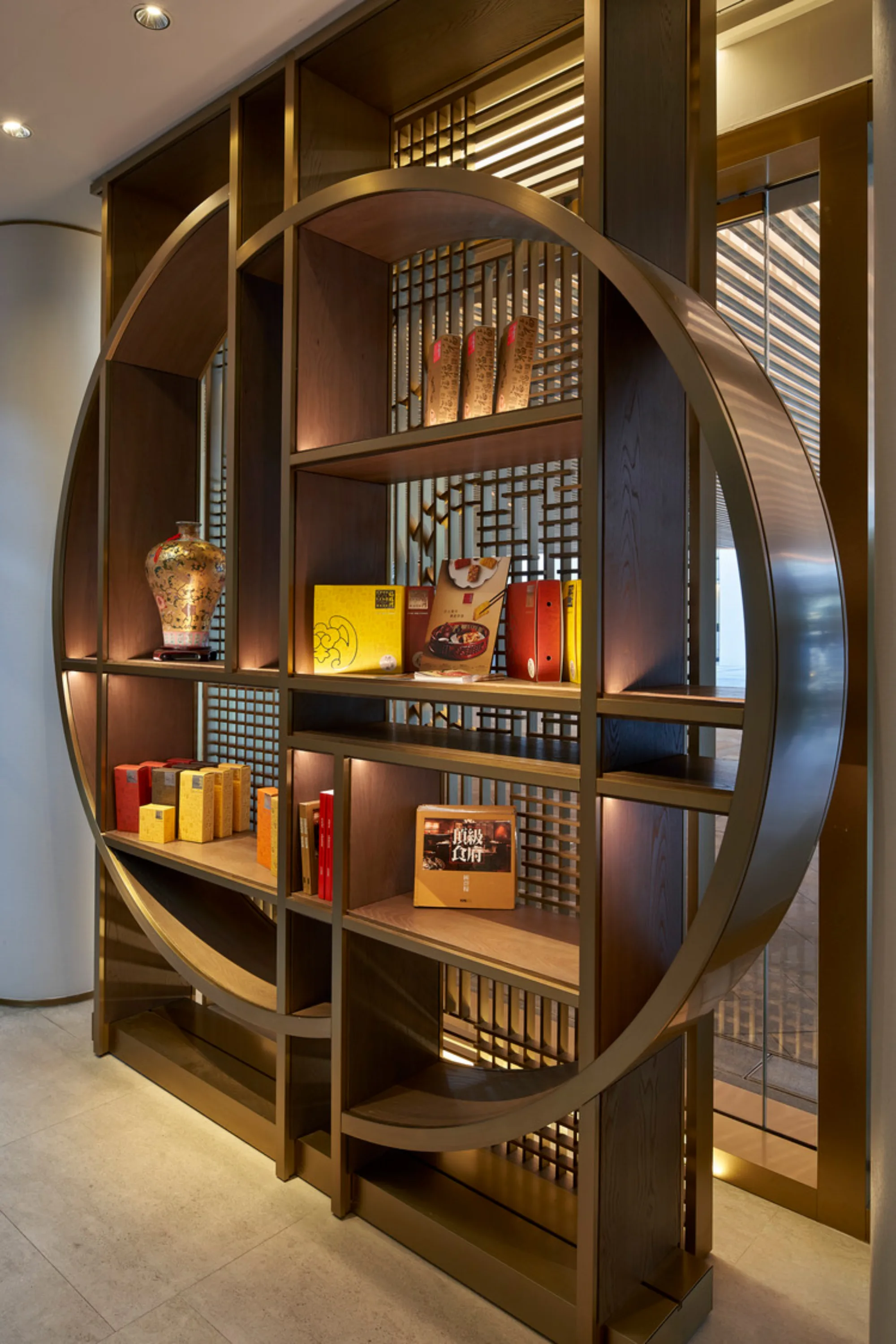 Circular display shelf adorned with various ornaments