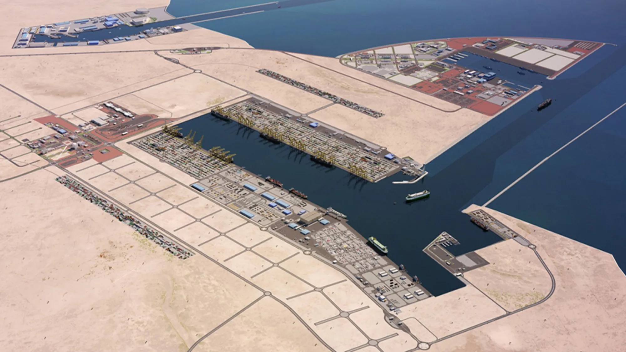 Angled aerial view of the site with orange-light brown land and dark blue water