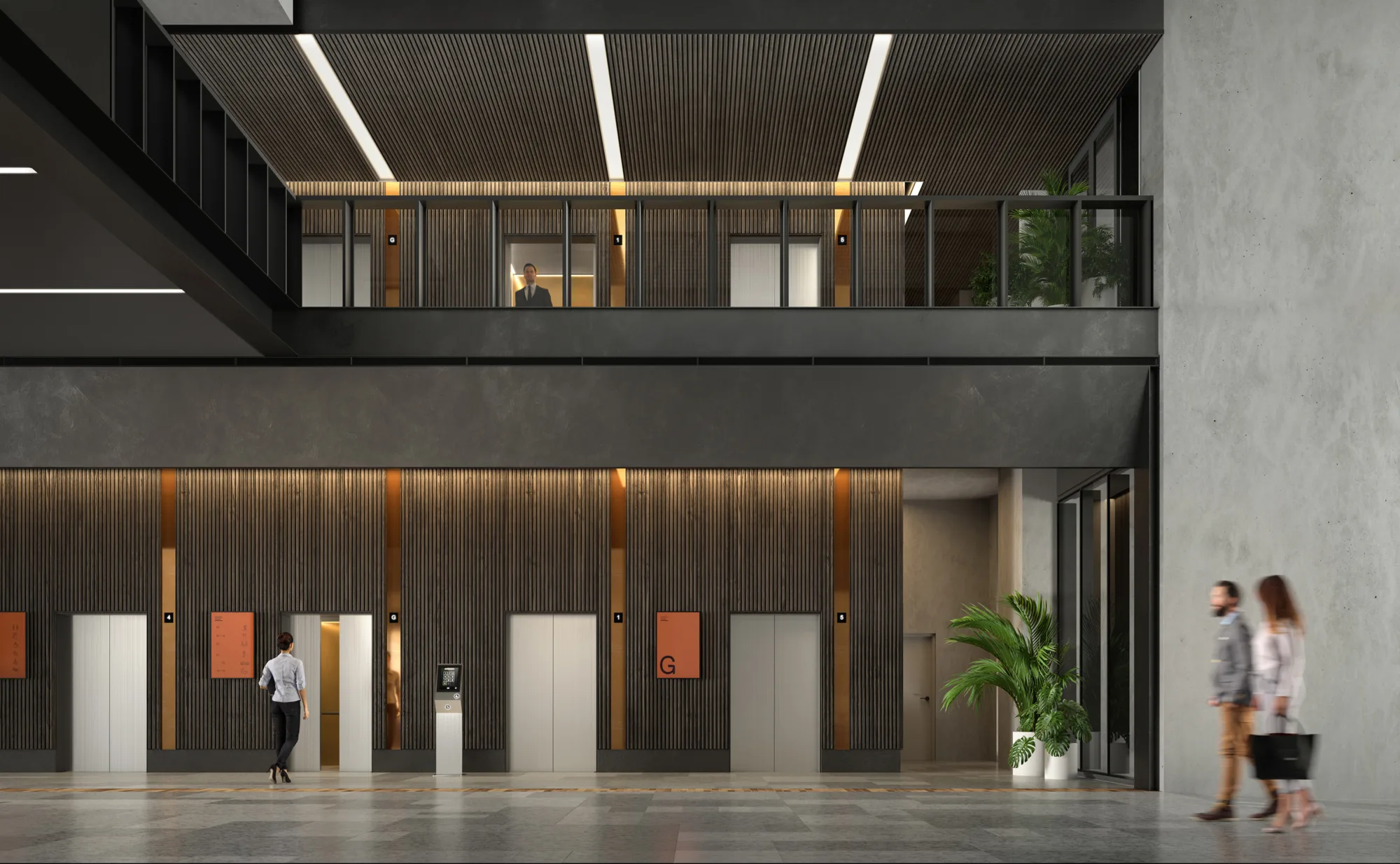 Interior building elevators and concourse