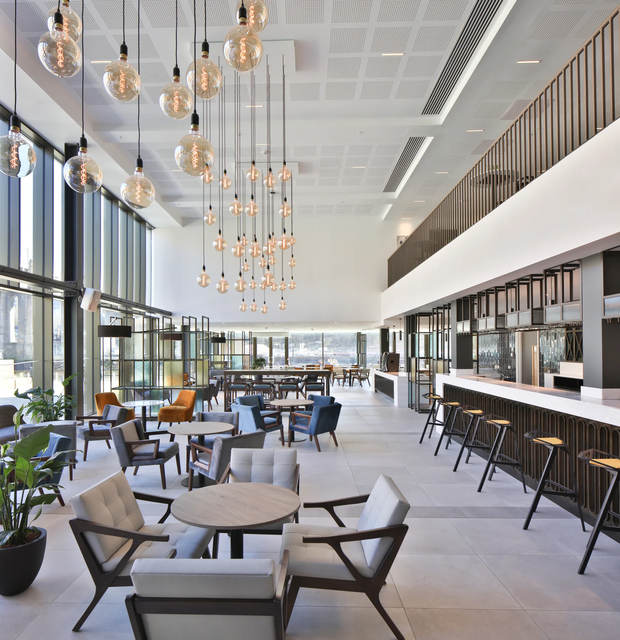 Full view of the restaurant with pendulum lighting