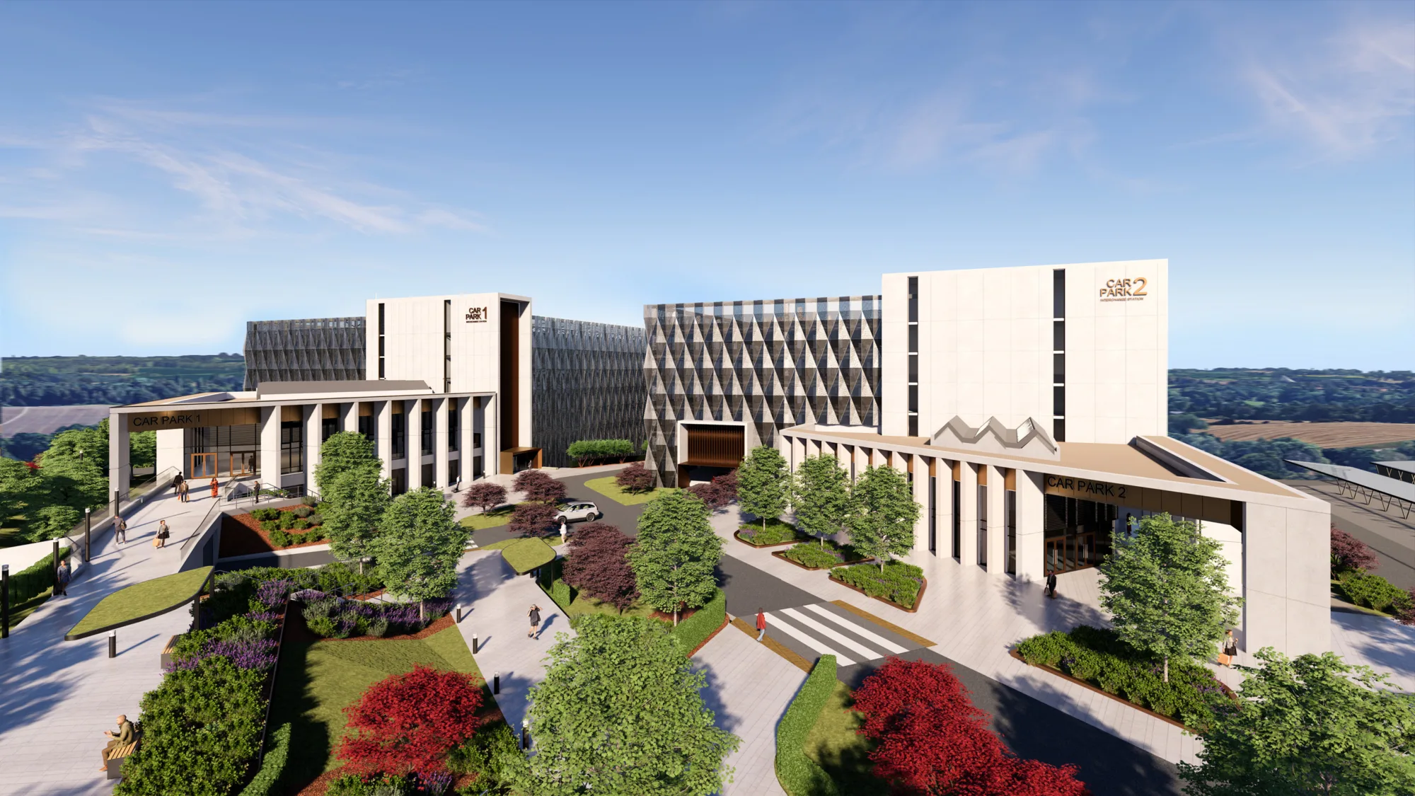 Birds eye view of carpark, surrounded by trees