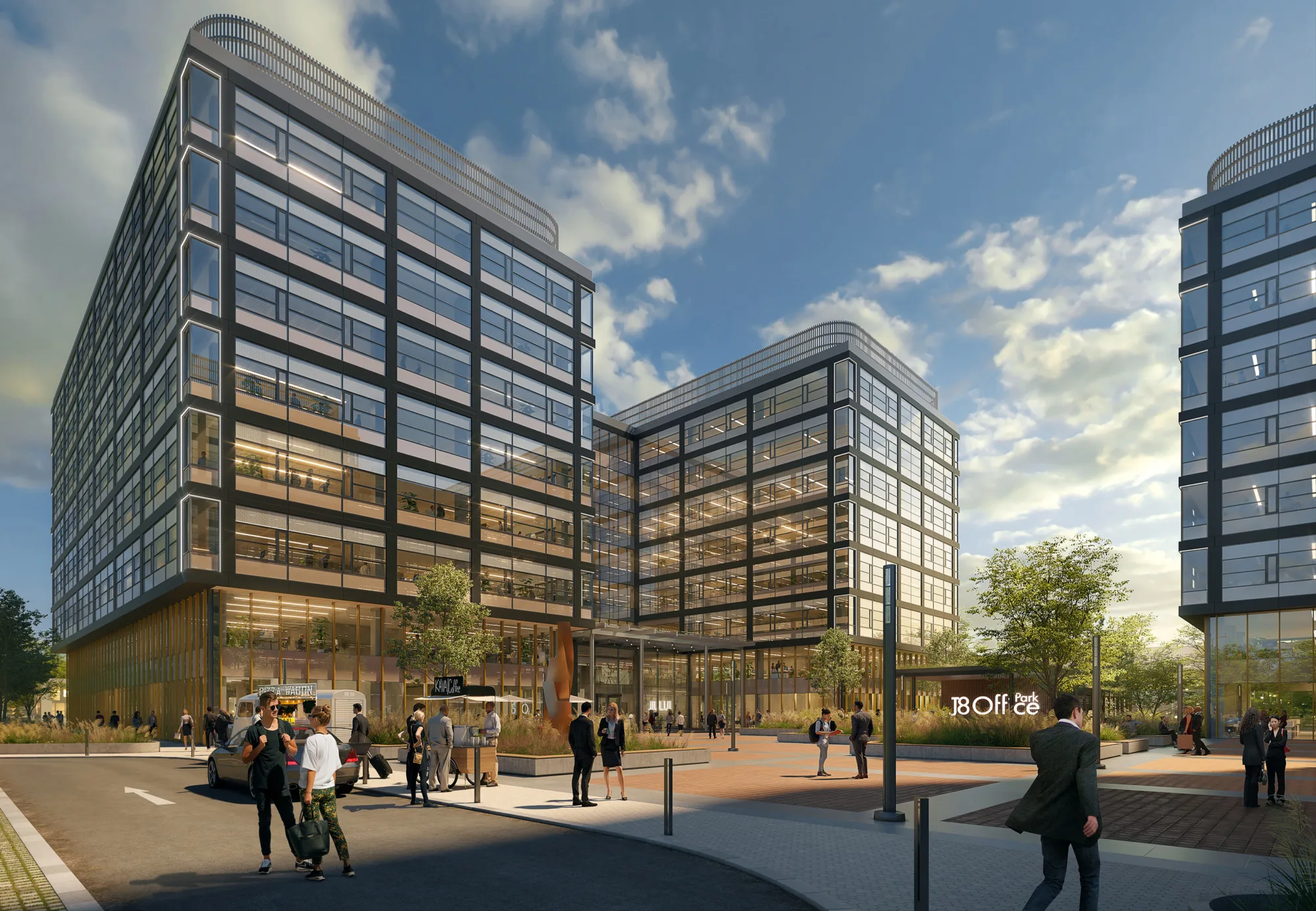 Render of the office park with a pedestrianised area in front of the entrance with a coffee and pizza truck