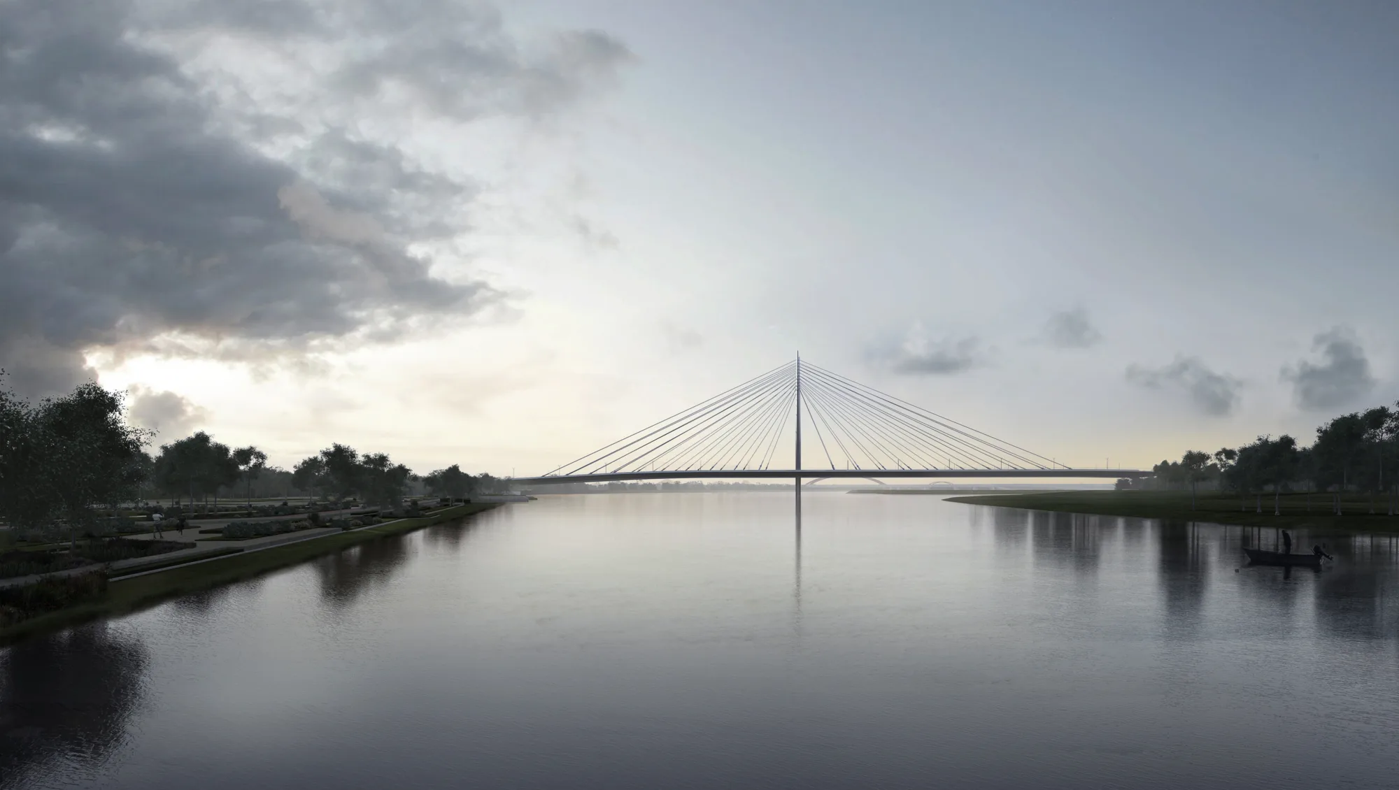 Side view of the bridge over a still river mirroring a calm grey sky