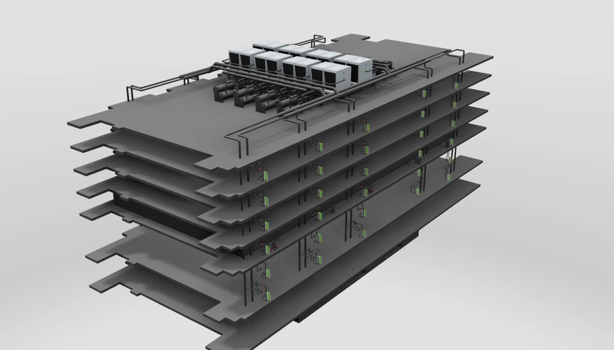 Birds-eye view of BIM model of six-storey data centre