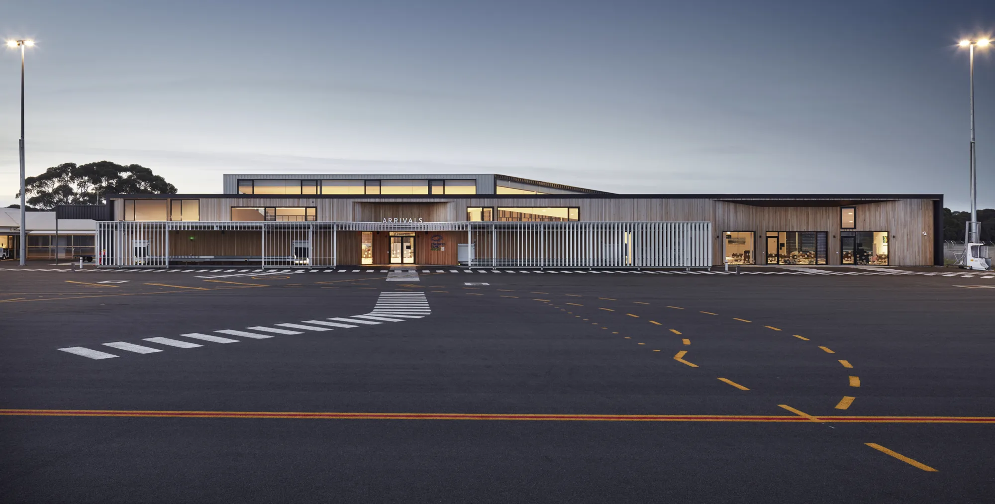 Exterior shot of Kangaroo Airport upgrade building at dusk