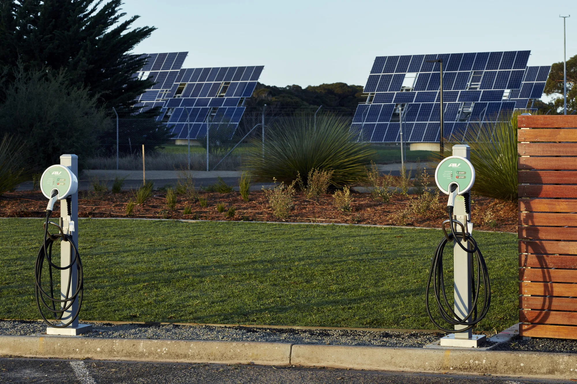 External shot of Kangaroo Island Airport with solar panels and electric vehicles charging points