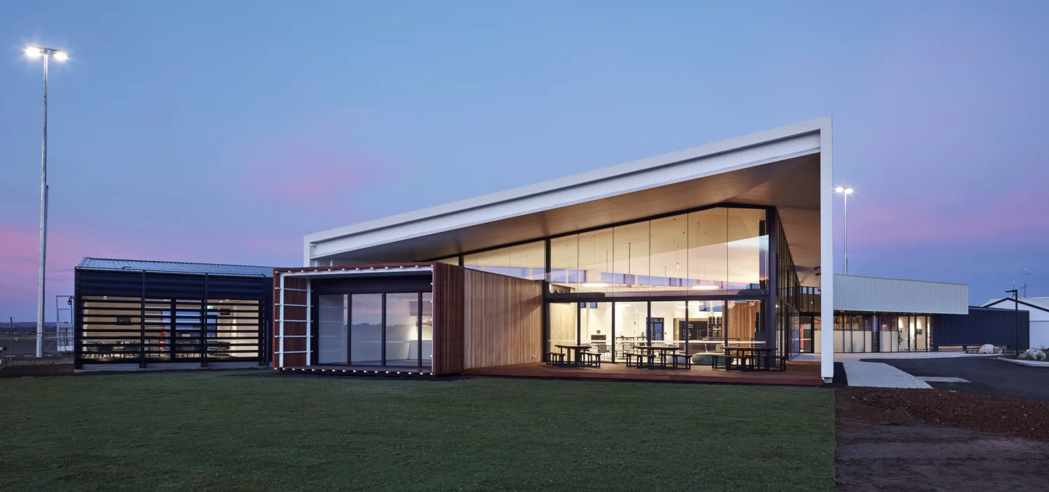 Exterior shot of Kangaroo Airport upgrade building at dusk