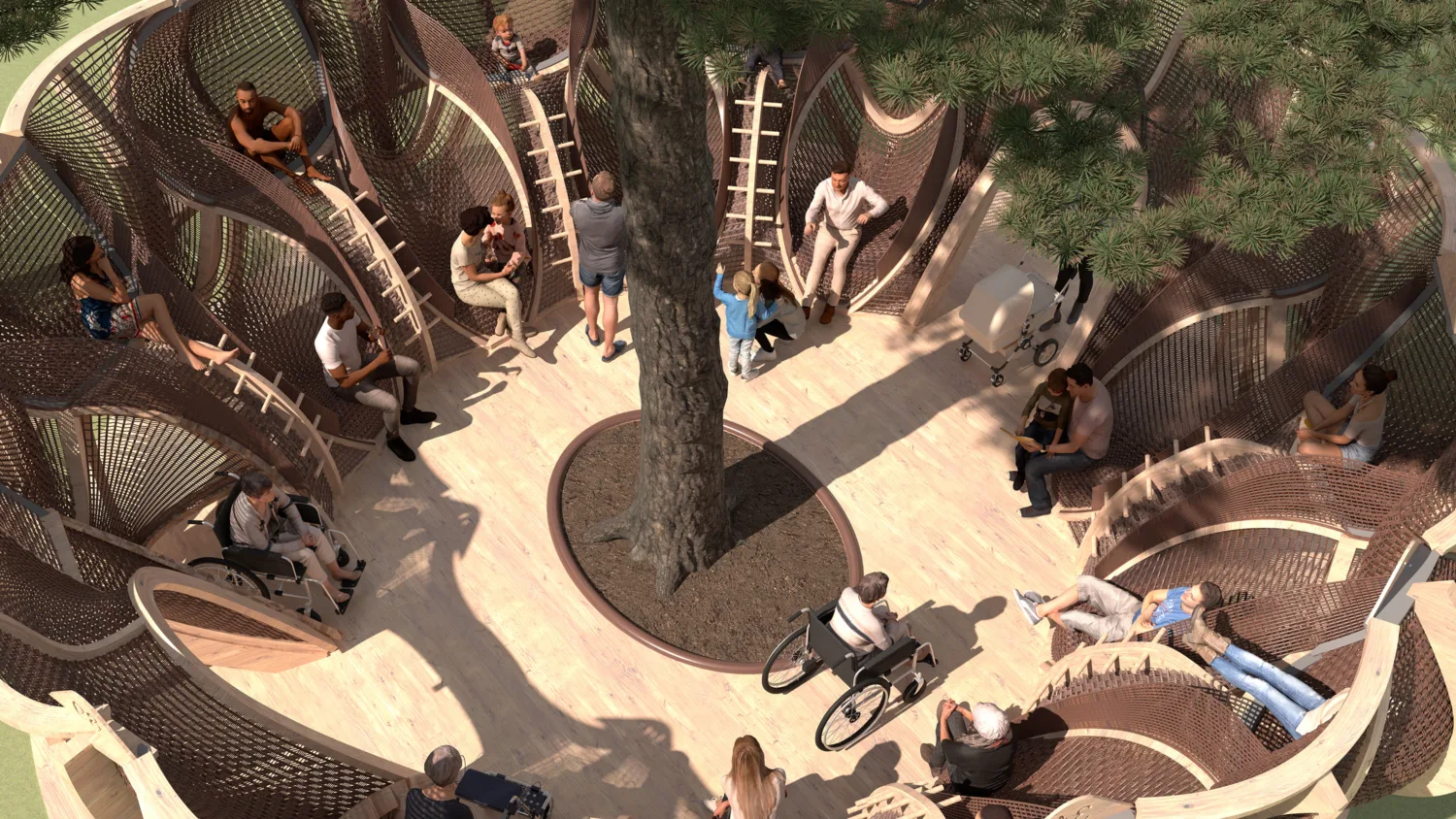 Aerial view of the sculpture with people sitting within the space