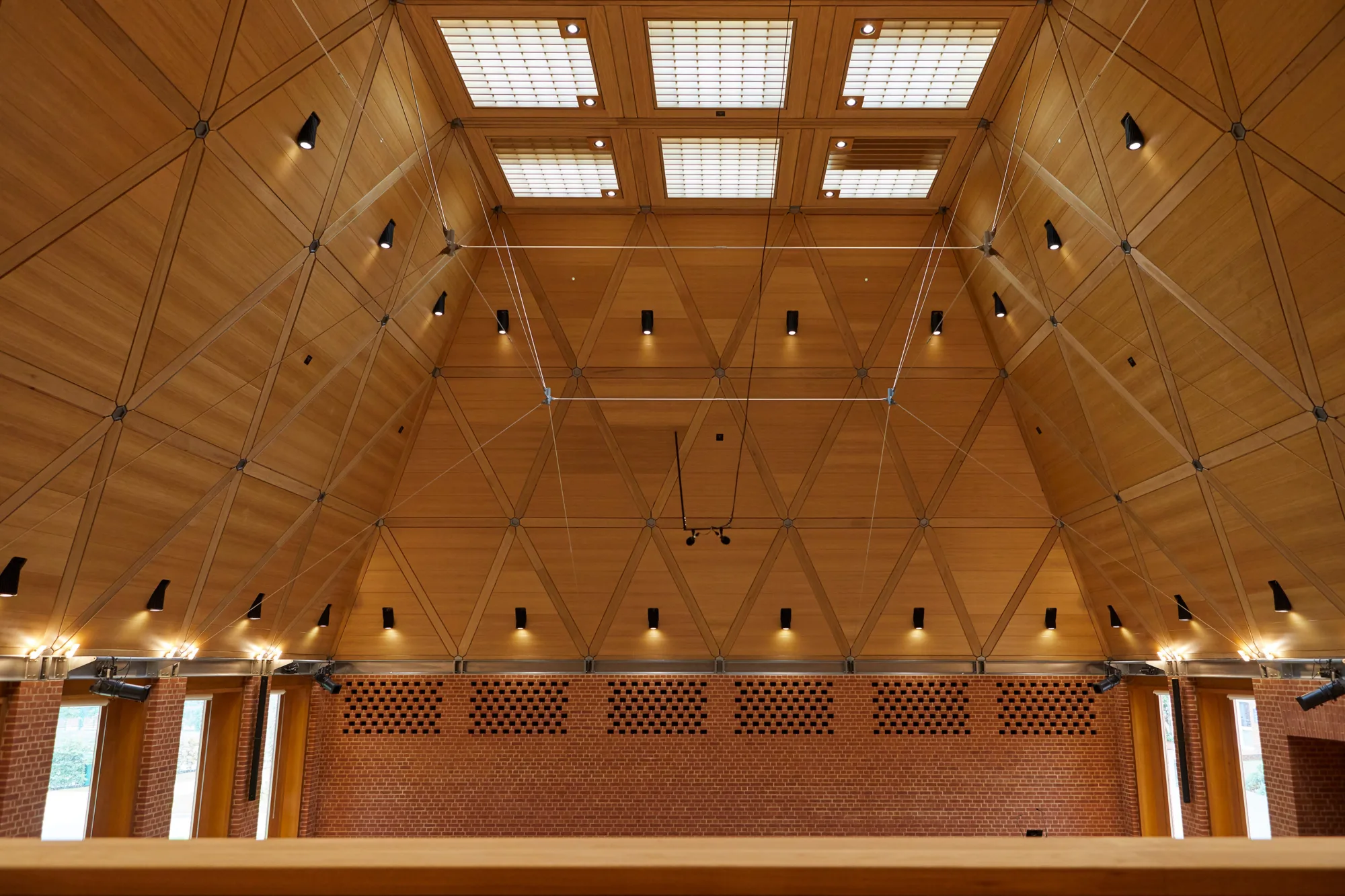 Diamond shaped timber interior roof of the music auditorium