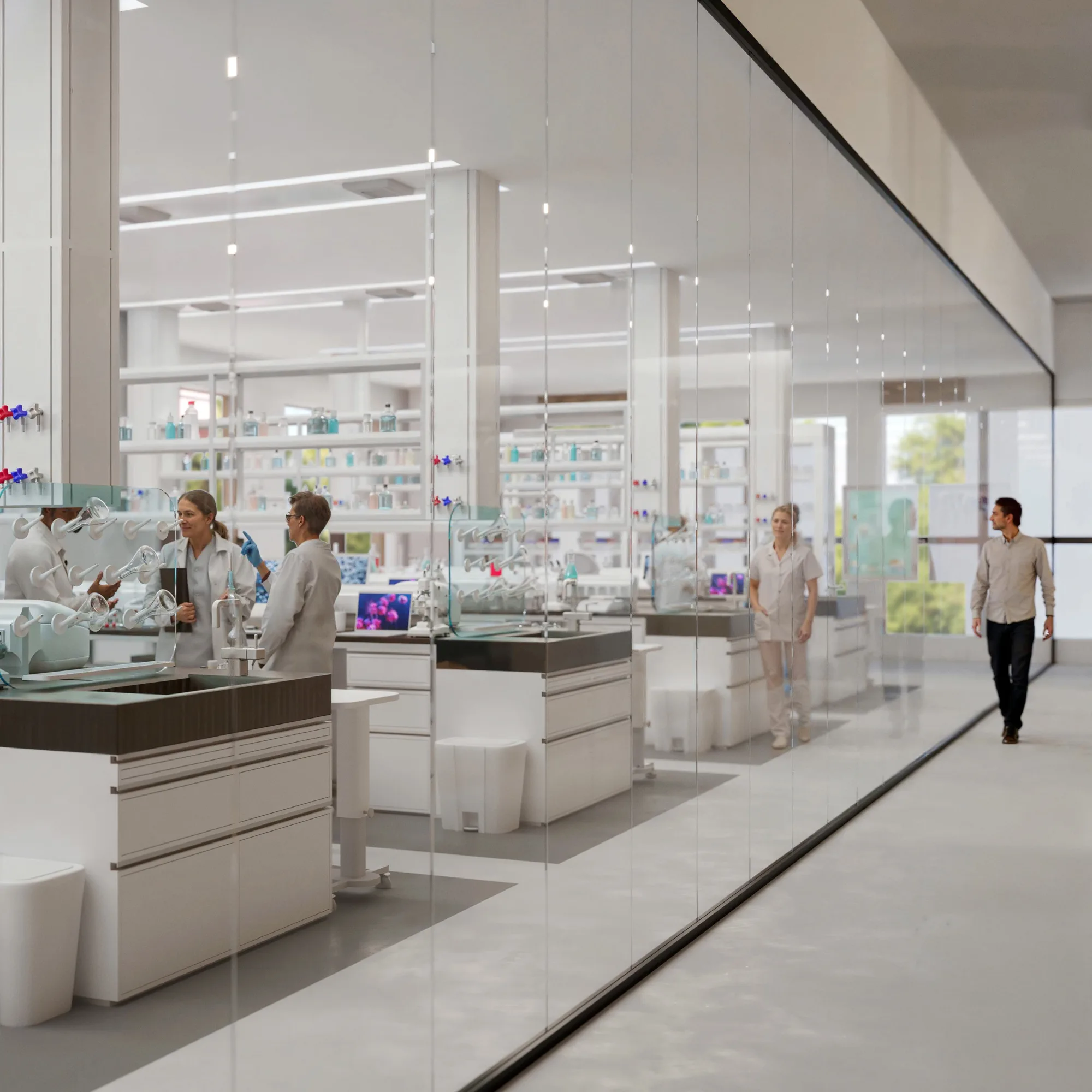 A laboratory interior with people wearing lab coats