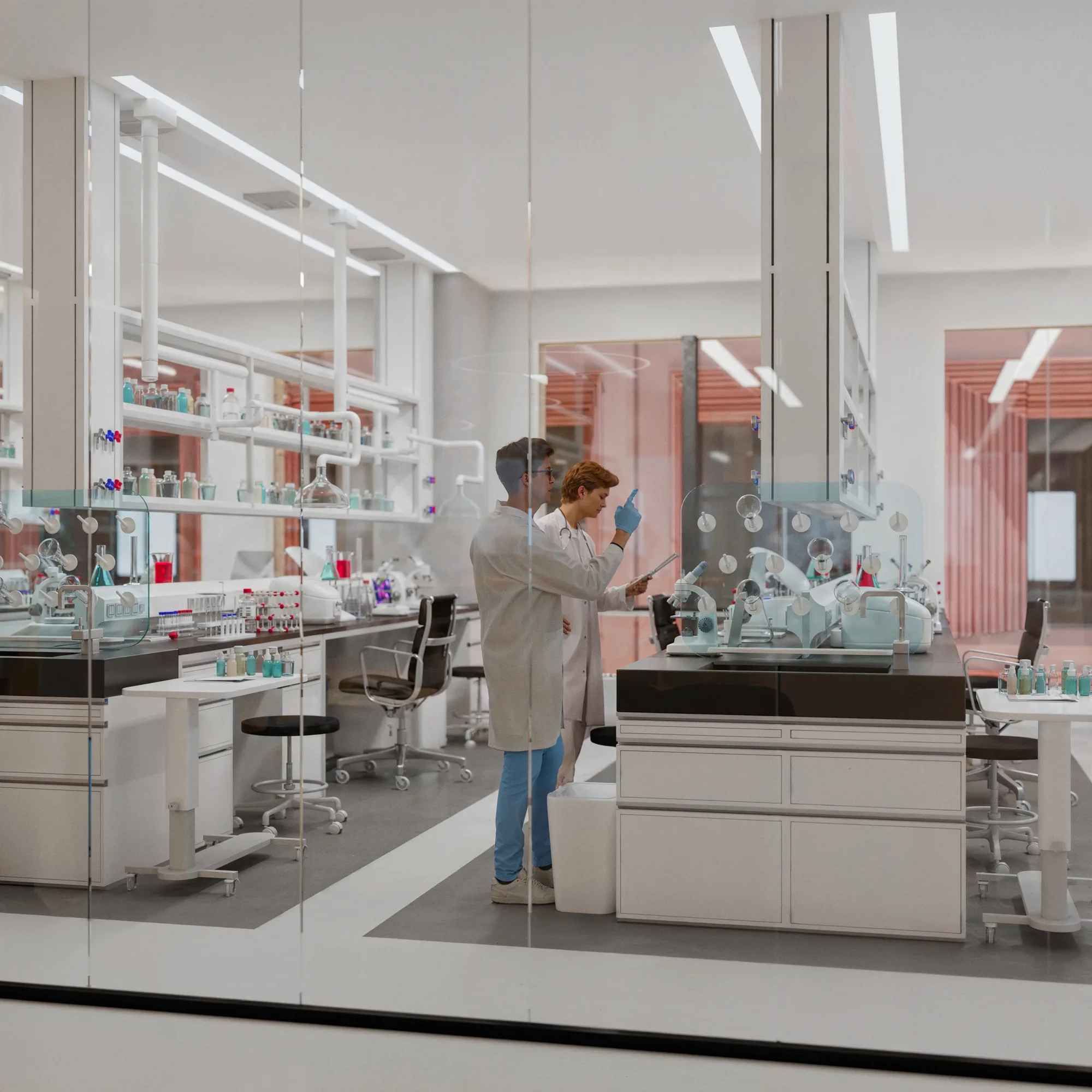 A laboratory interior with people wearing lab coats, using various pieces of equipment