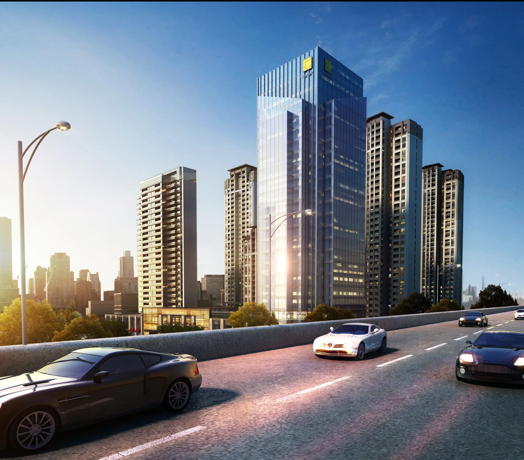 Street-level view of cars on the highway with the development in the background