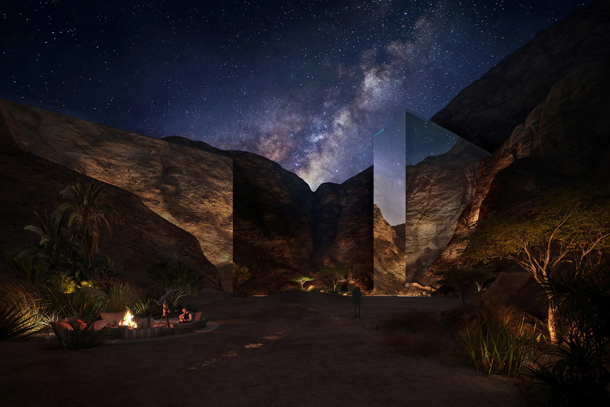 CGI of pool area at night