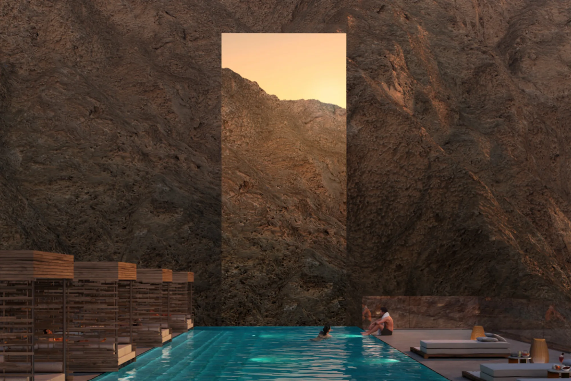 CGI of Pool area with mountains reflected in building