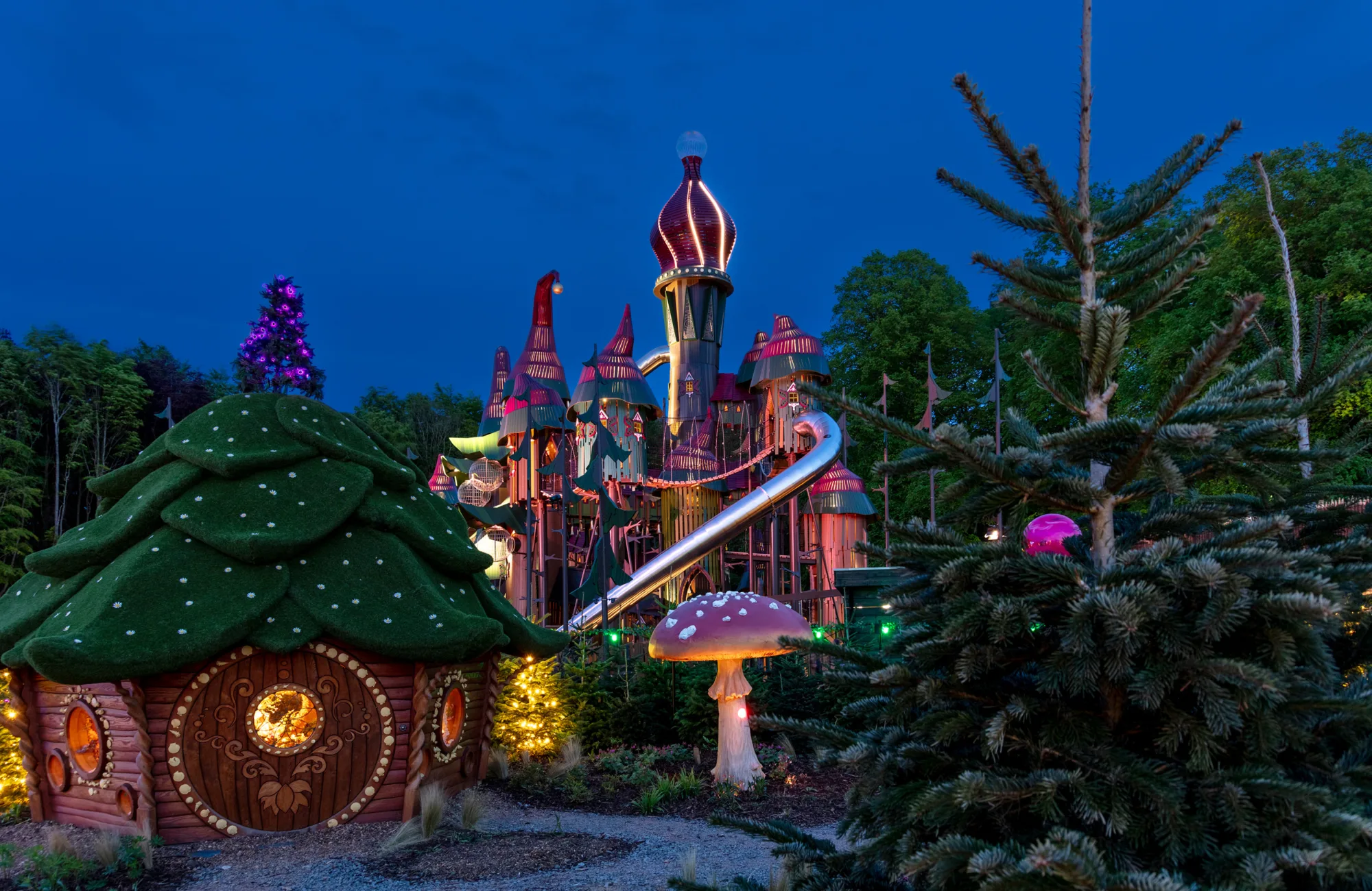 Lilidorei at Alnwick Garden at dusk showing play area and toadstool