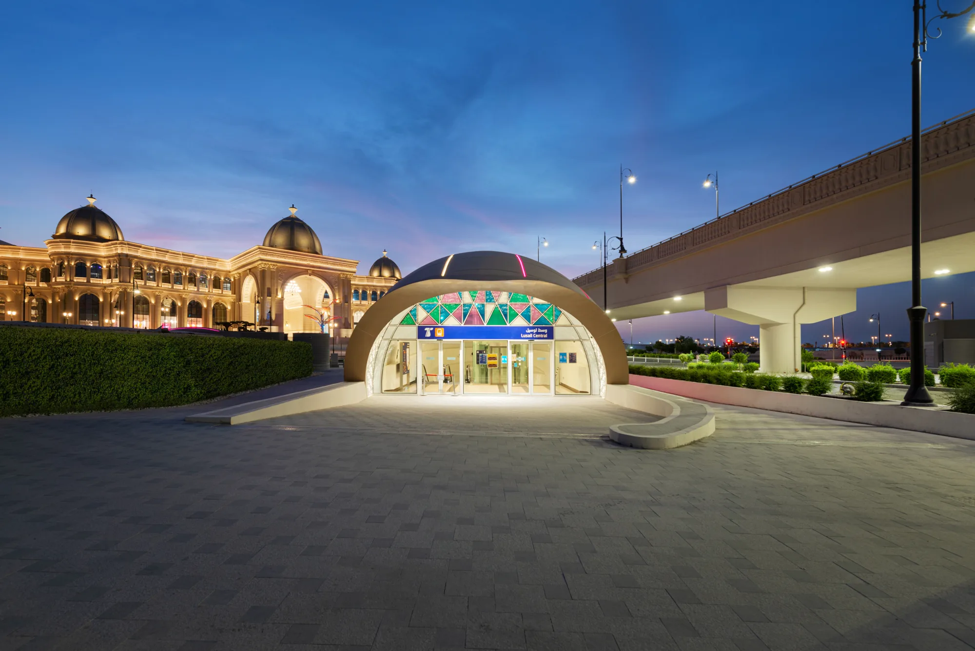 Twilight shot of one of the Lusail LRT station entry/exit points