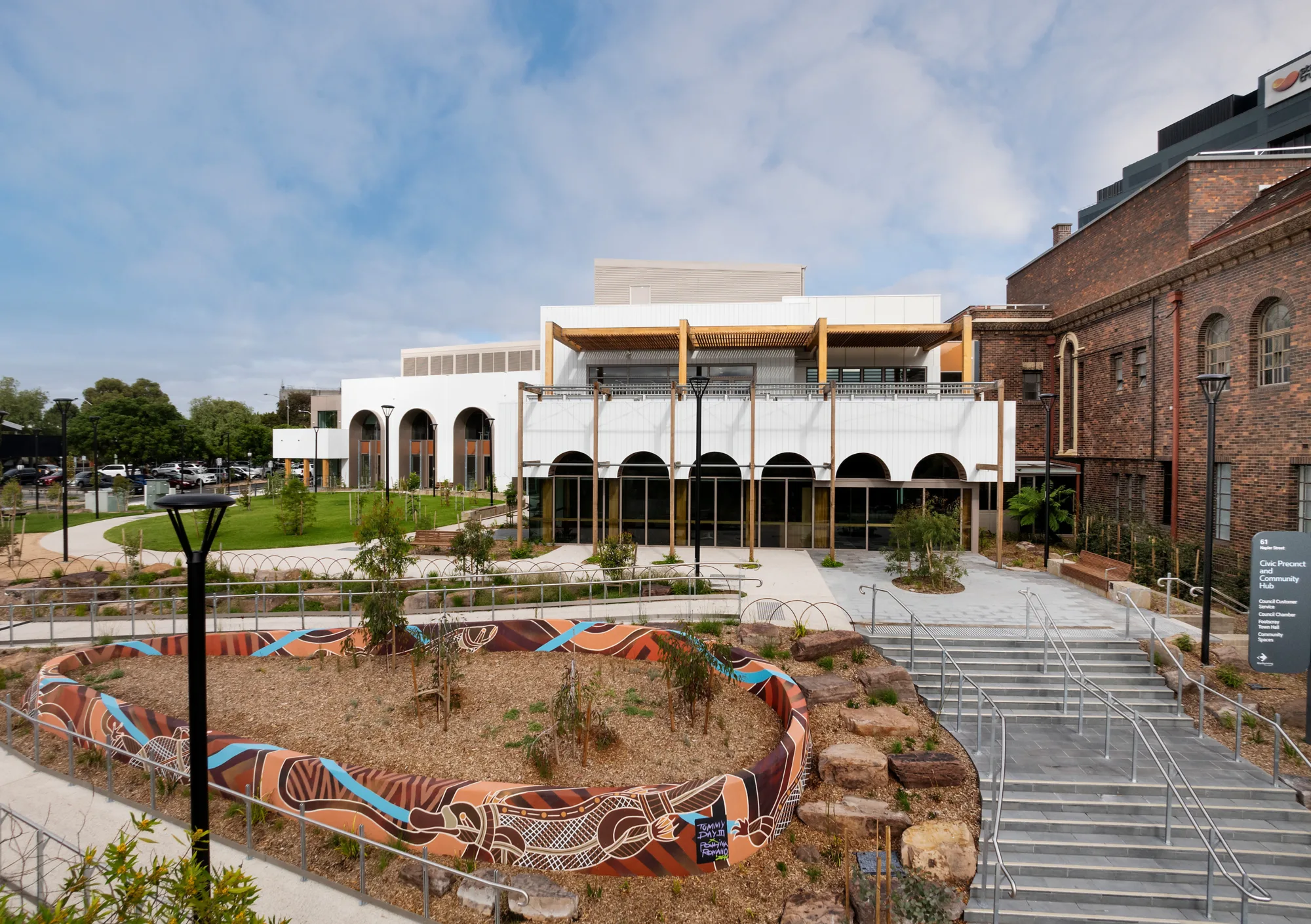 Exterior of Maribyrnong Community hub and precinct landscaping
