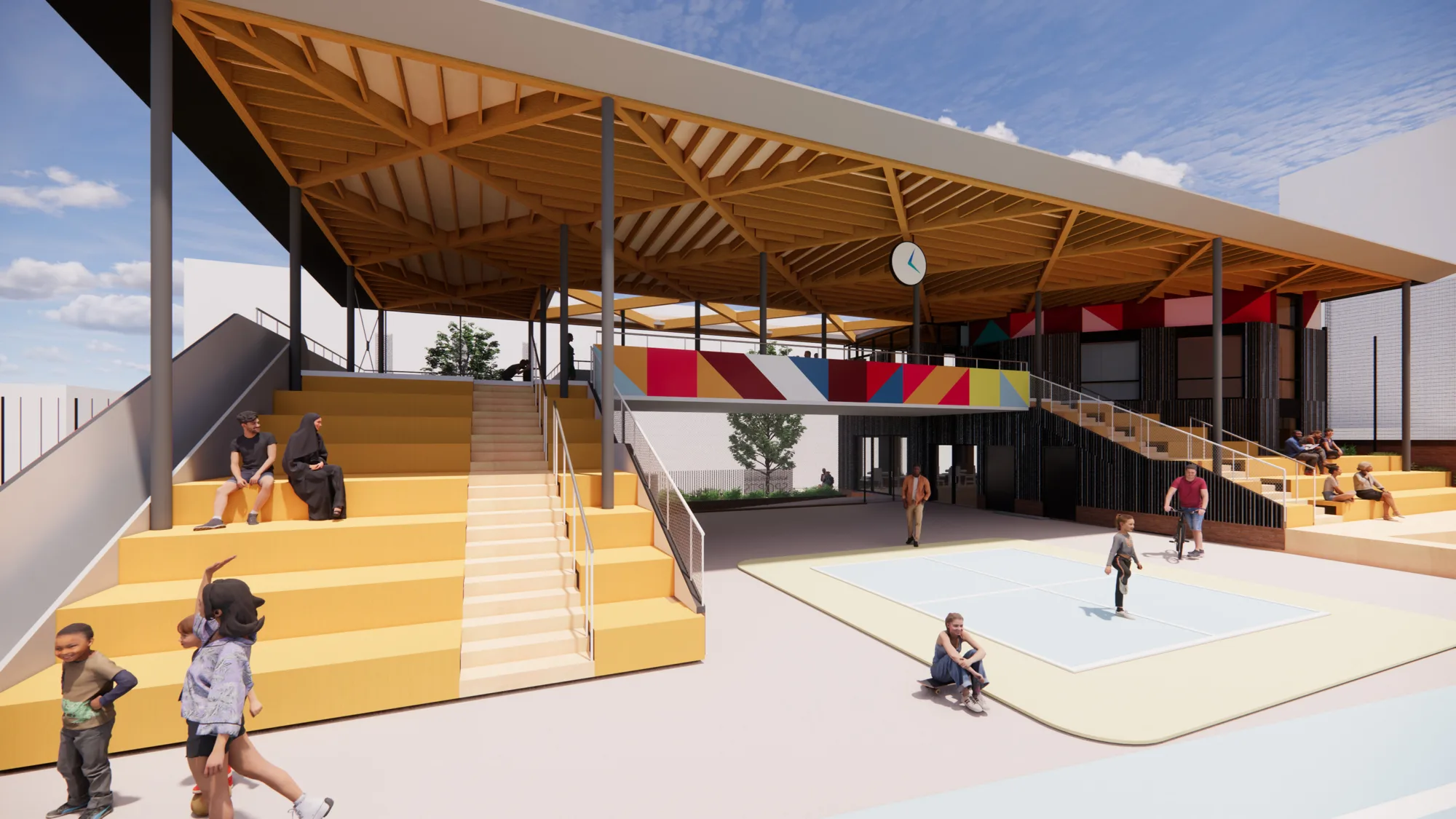 Architectural render of U shaped auditorium covered by a roof, with people walking through the space